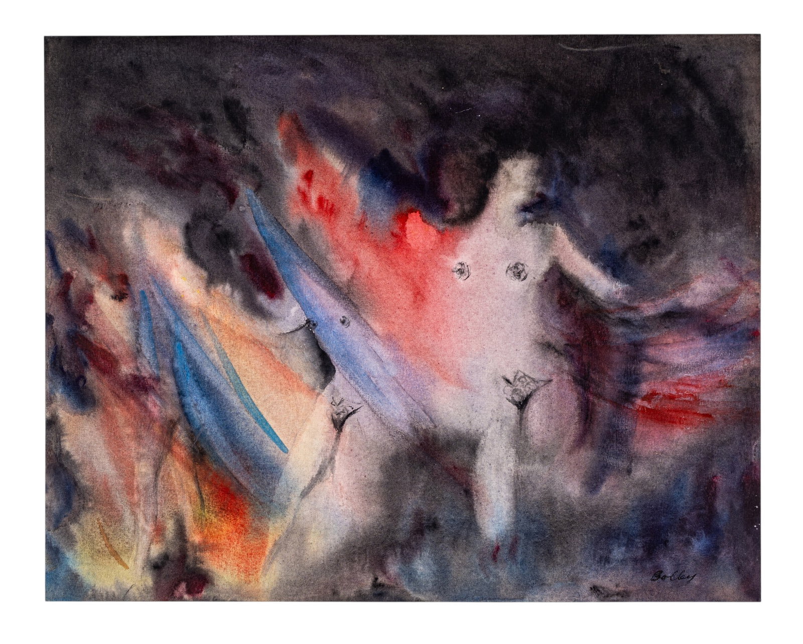 1958 Irma Bolley W/C Painting of Nude: An impressionist nude watercolor on paper signed in the lower right corner by Irma Bolley for the 27th New Jersey State Exhibition in 1958 through the Montclair Art Museum, as per info card, measures 