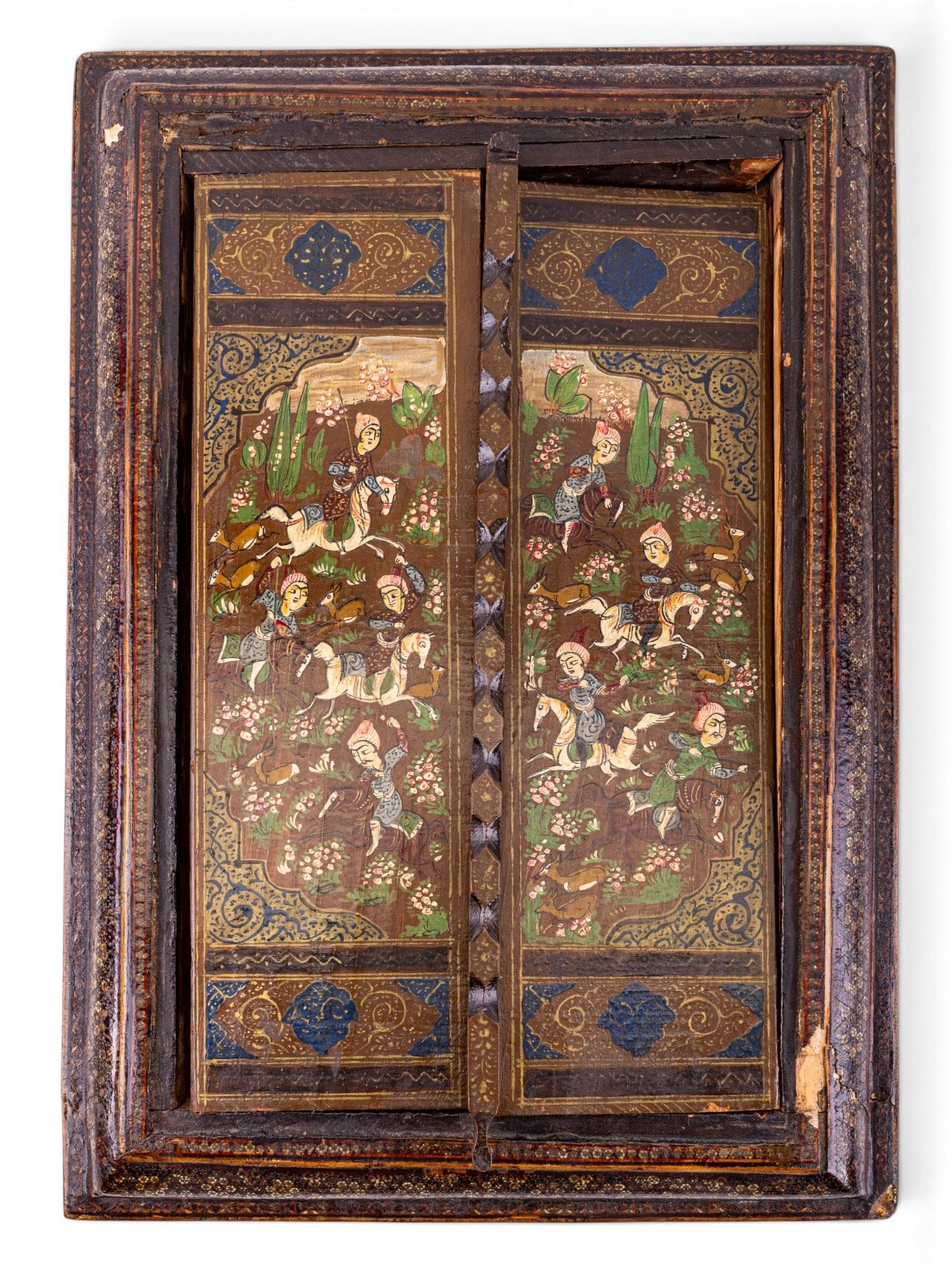 Antique Persian Qajar Wooden Mirror Frame: An antique Persian Qajar wooden mirror frame featuring intricate micro mosaic inlaid border and back and hand painted hunting scenery on the cabinet style doors, note there is no mirror glass, some lo