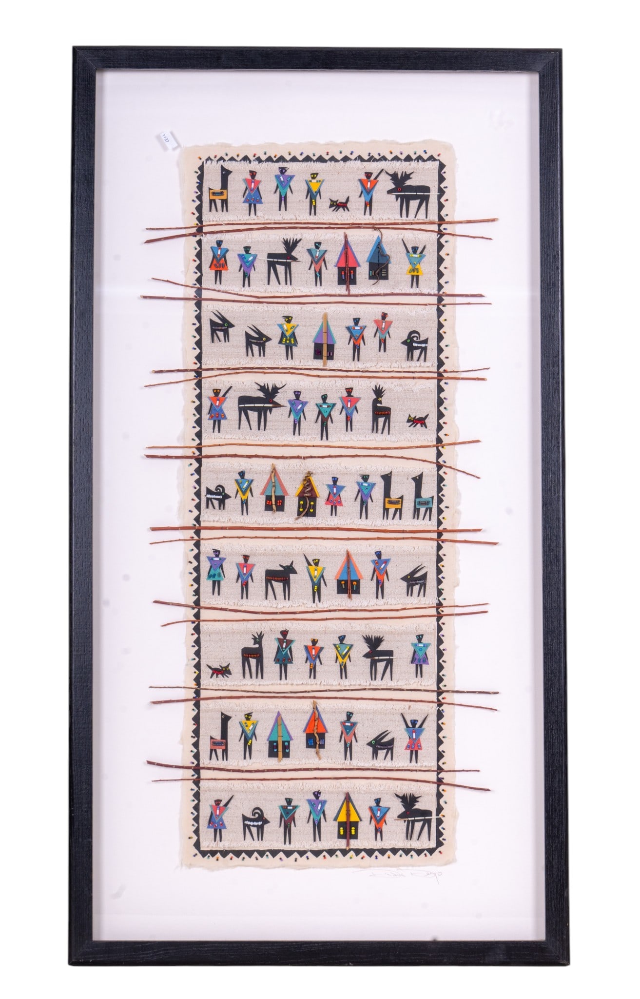 Diane Deyo Original Mixed Media: Original mixed-media work by Diane Deyo, titled Vertical Small People, featuring rows of stylized figures, animals, and architectural forms applied to textile with colorful bead accents and horizontal