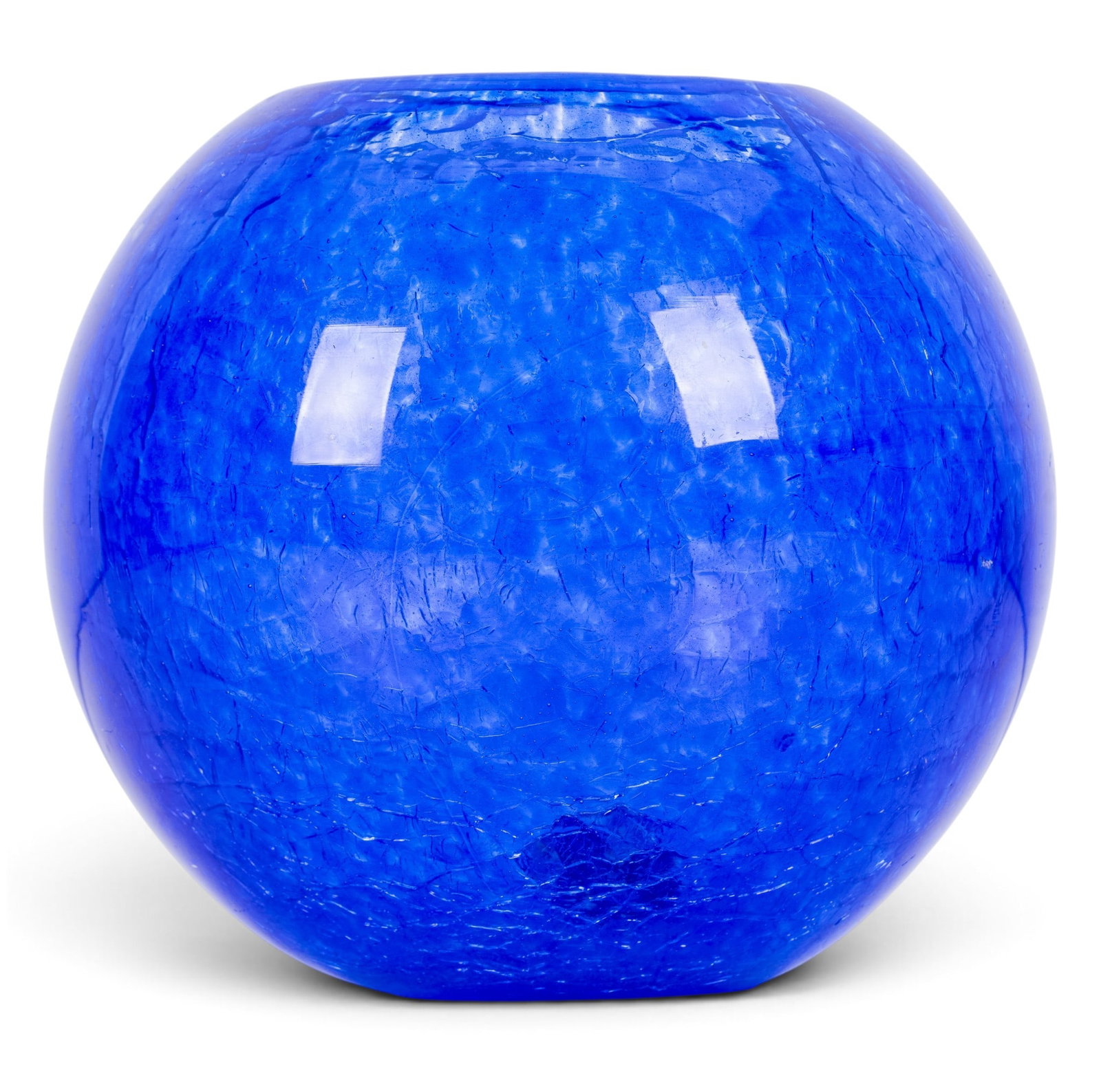 French Cobalt Crackle Glass Globe Signed Degue: Cobalt blue crackle glass gazing modern globe. Made by prolific French art glass maker David Gueron (1892-1950) who worked under the name Degue. Signature "Degue" etched approx. 1.5" above base. Also 