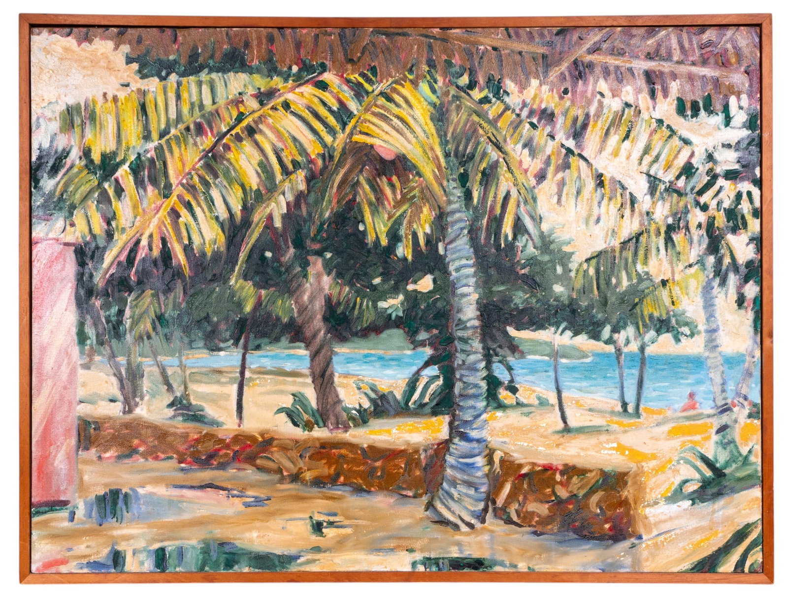 Coastal Scene Oil on Canvas Diane Mannion: Large oil on canvas depicting a coastal scene with palm trees in a simple wood frame, unsigned but consignor attributes to Floridian artist Diane Mannion, having purchased works directly from her. Dep