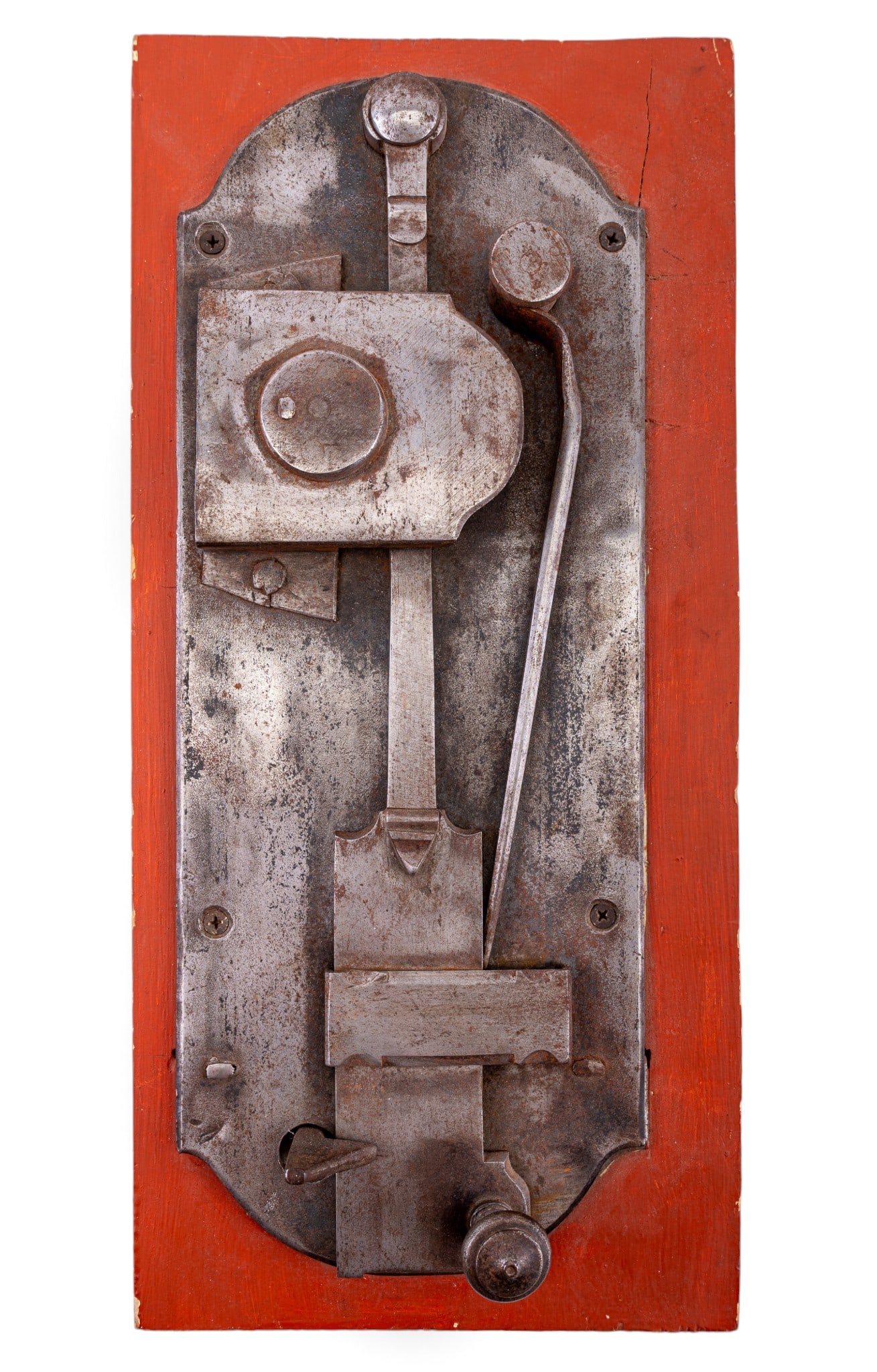 18C Hand-Forged Iron Door Lock Mechanism: 18th century hand-forged wrought iron surface-mounted door lock mechanism. Mounted to a wooden display board. Measures approx. 17" H x 8" W (display board dimensions). Came from fine estate located