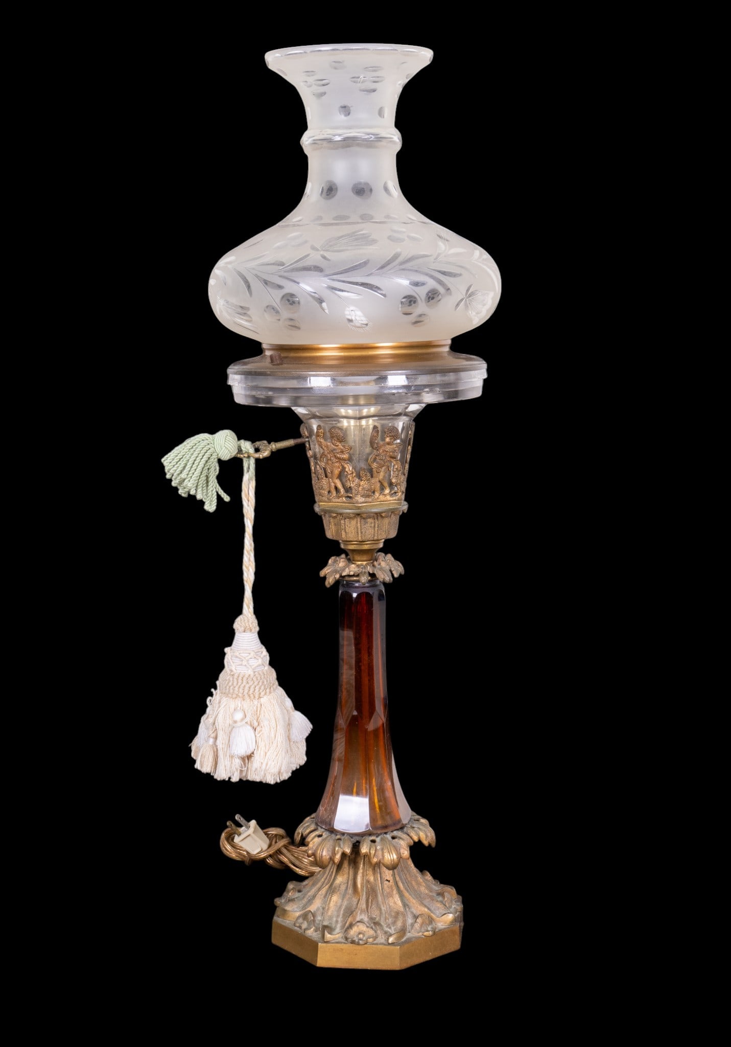 Empire Bronze & Crystal Lamp, Etched Glass Shade (1 of 11)