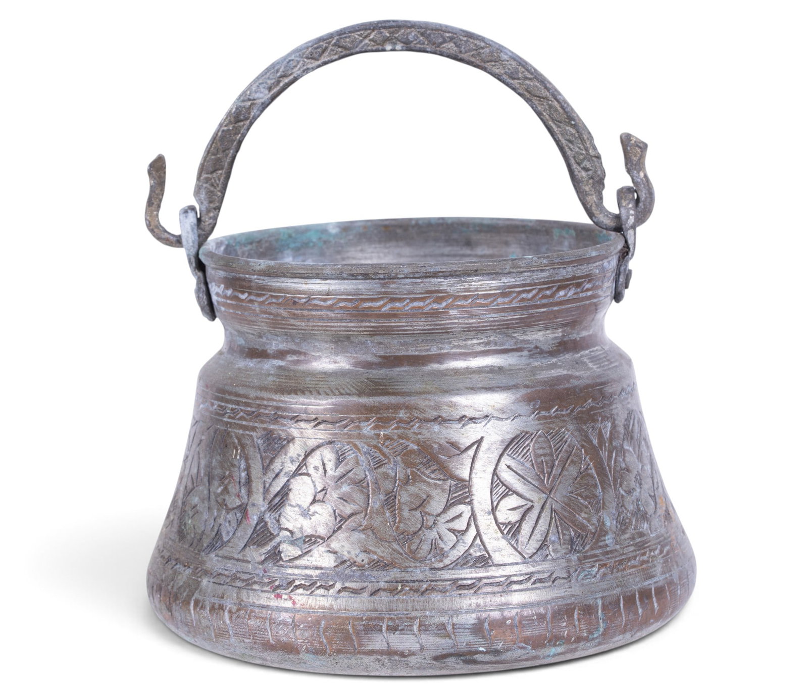 Antique Ottoman Tinned Copper Cauldron w/ Handle: Hand-hammered copper yogurt pot, or bakrac, with swing handle. Turkish/Ottoman Empire origin. Vessel features bulbous lower body, tapered neck and wide-flaring rim. Crafted from heavy-gauge copper, ha