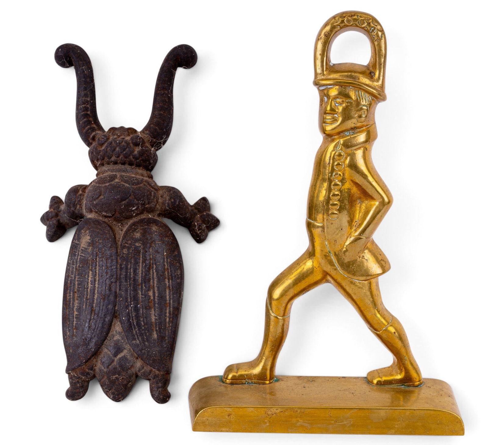 Cast Iron Beetle Boot Jack & Brass Doorstop: Antique cast iron beetle boot jack, plus a vintage Colonial Williamsburg brass door stop/mantle decoration from Virginia Metalcrafters. Boot jacks such as this were commonly used to assist in removing