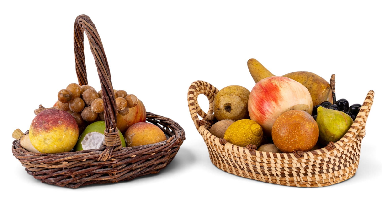 Vintage Alabaster Stone Assorted Fruit & 2 Baskets: Decorative set of more than 20 assorted fruits made of Italian alabaster stone, nestled within two vintage-style woven baskets. Made in the mid-20th century, this collection realistically mimics