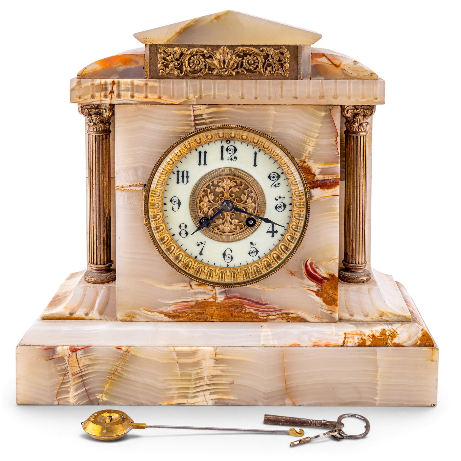 French White Onyx 8-Day Brass Mantle Clock w/ Key: Gorgeous French mantle clock done in Neoclassical style. Estimated production date circa late 19th century to early 20th century (1921 penciled on back by previous owner, unknown meaning). Key,
