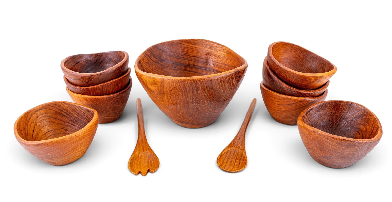 Thai Teakwood Salad Set w/ 8 Stacking Bowls, More: Crafted solid wooden salad bowl set of large serving bowl, eight individual side salad bowls and matching serving spoon and serving fork (total 11 items). Bottom of each bowl is stickered with intact