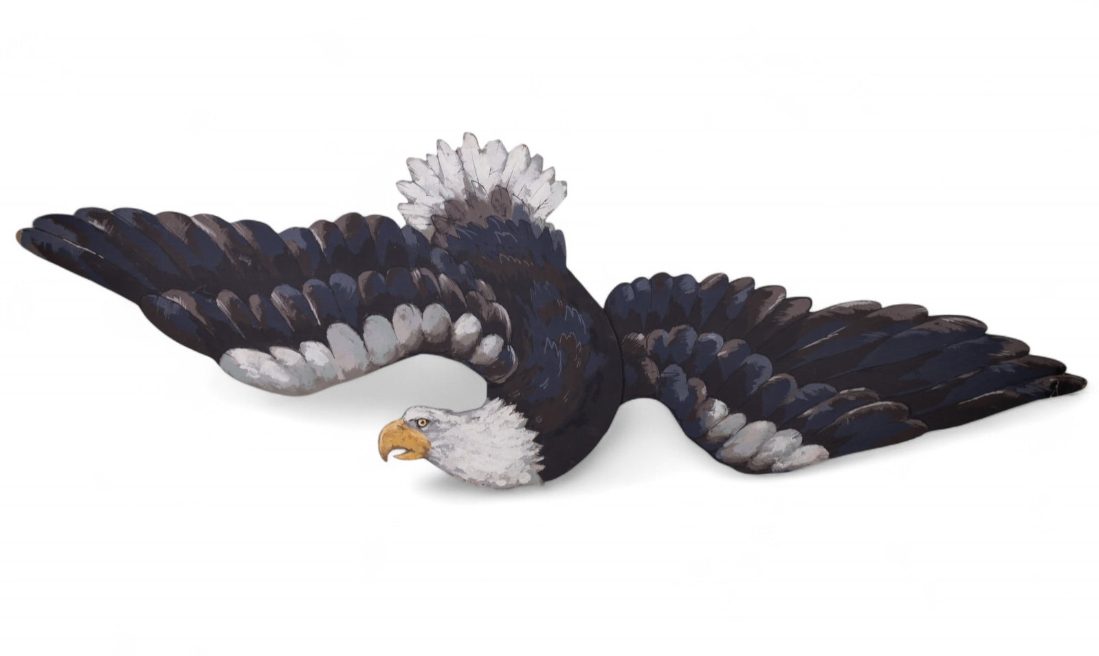 8' Wide Painted Bald Eagle Wall Decoration: A huge painted bald eagle wall decoration measuring approx. 8 feet across and approx. 30" high. Some loss to paint around tip of wings and feathers. Item made from wood.