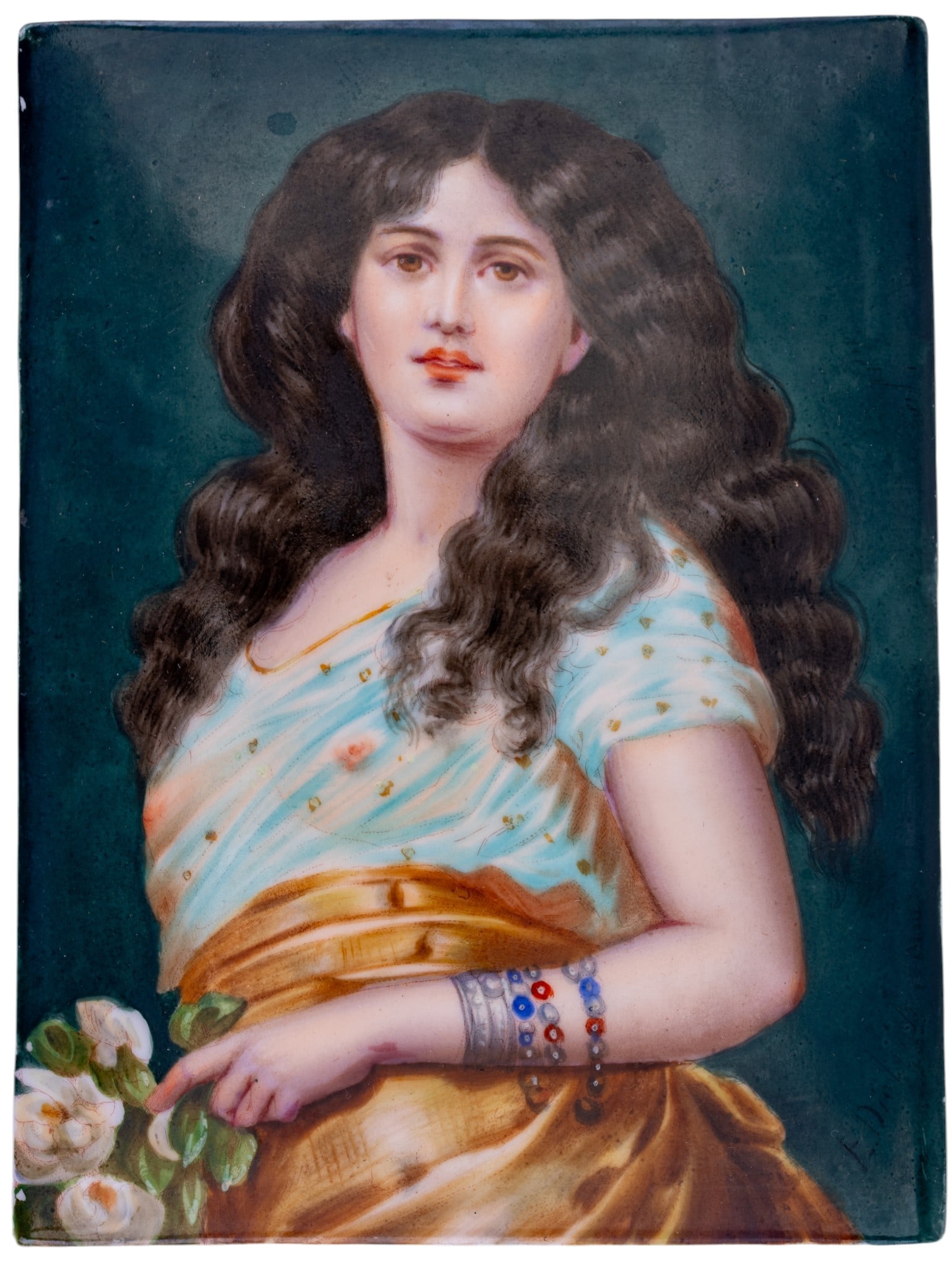 KPM Porcelain Portrait Plaque: An antique hand painted porcelain plaque by KPM depicting a semi-nude woman holding white flowers. Measures approx. 4.625" W x 6.125" H.