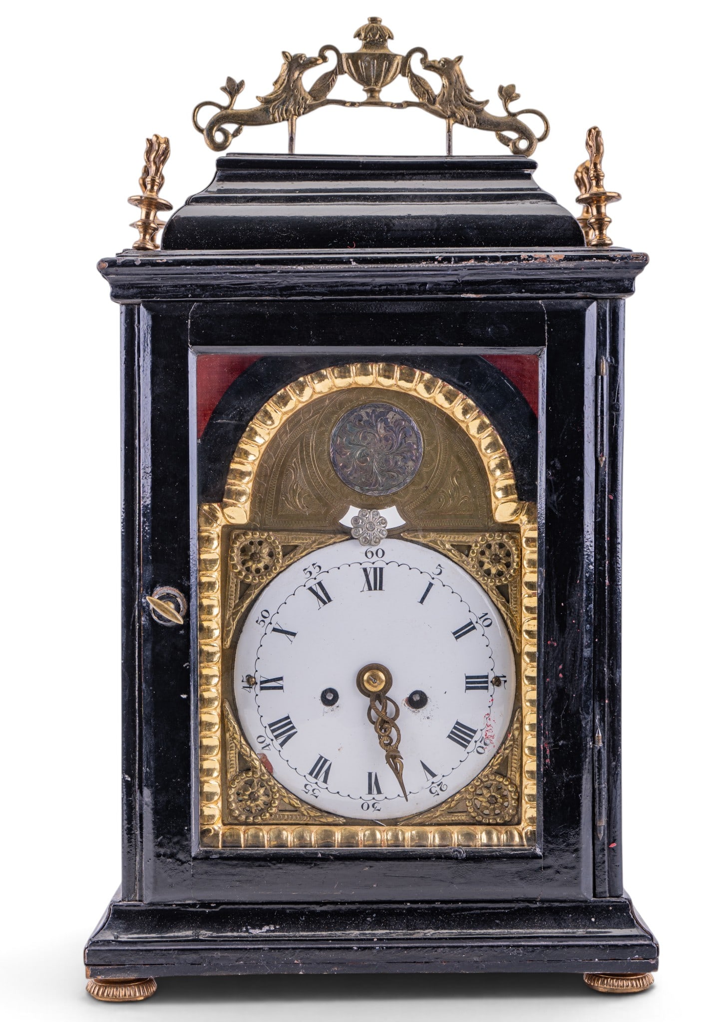 18th C Baroque Ebonized Wood Clock "Stockuhr": Mid-to-late 18th-century Northern or Central European striking bracket clock, featuring classic architectural silhouette and period mechanism. Ebonized wood break-arch case with cast gilt-brass
