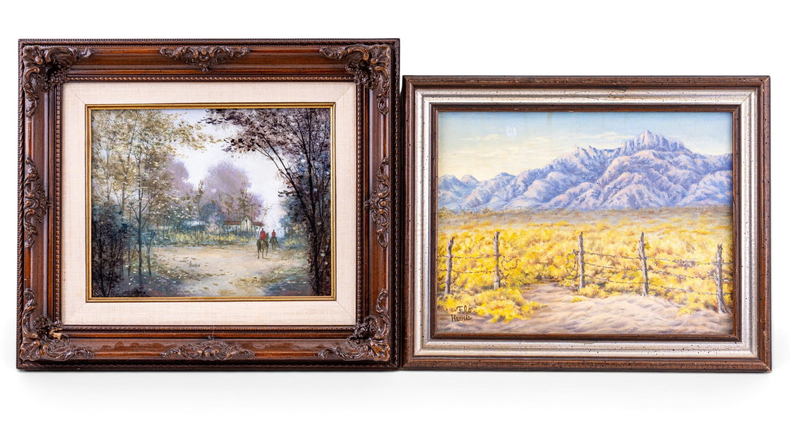 Landscape Oil on Canvas Paintings: A framed oil on board landscape painting featuring people on horseback with a house in the distance by James Garfield Llewelyn (American 1921-2019), measures approx. 13" h x 15" W. Also included is a 