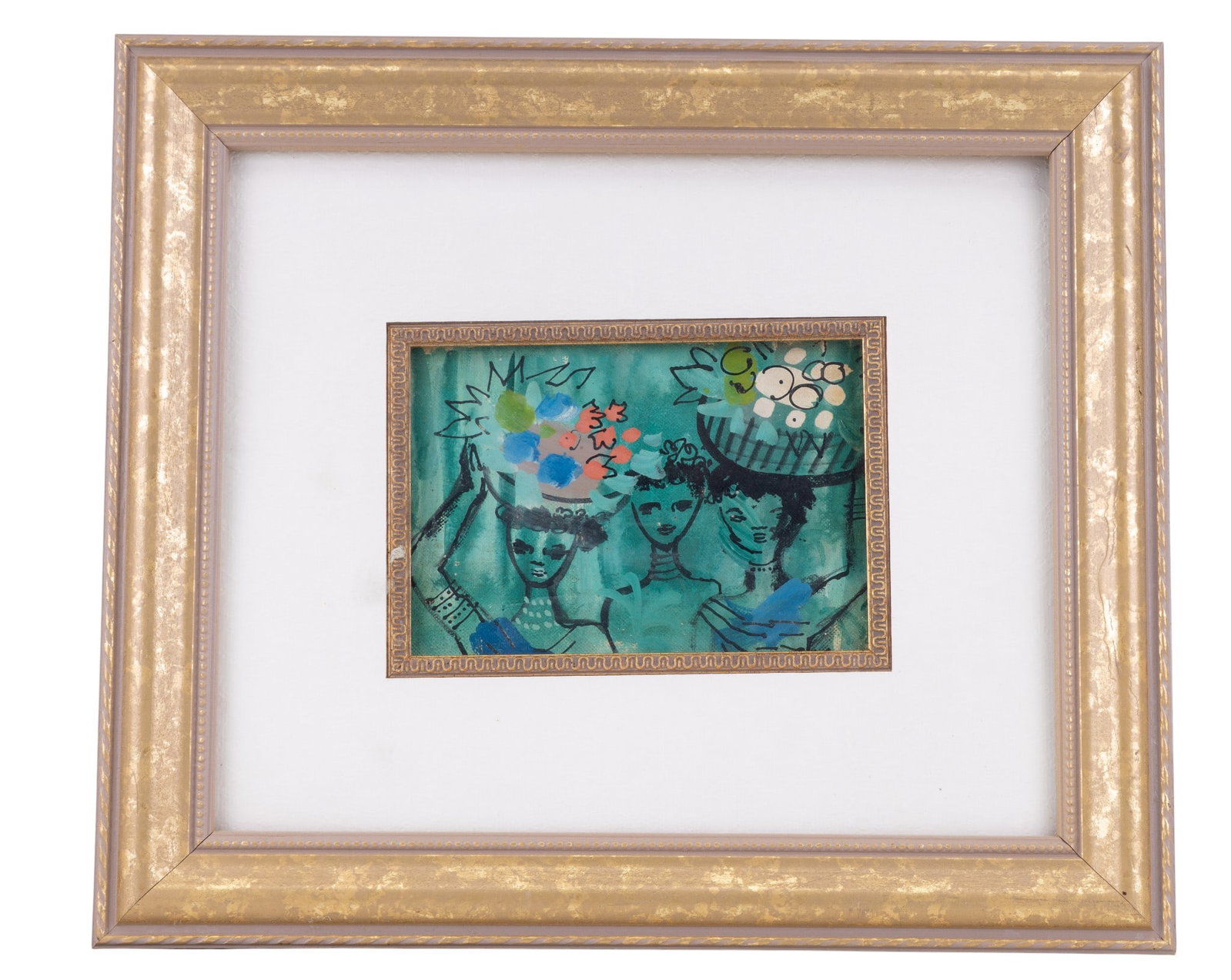 Charles Cobelle (Fr/Am 1904-94) Oil on Board: A small framed oil painting on canvas board depicting a group of women with baskets on their heads signed LR Cobelle, listed artist Charles Cobelle (French/American 1904-1994), outside frame