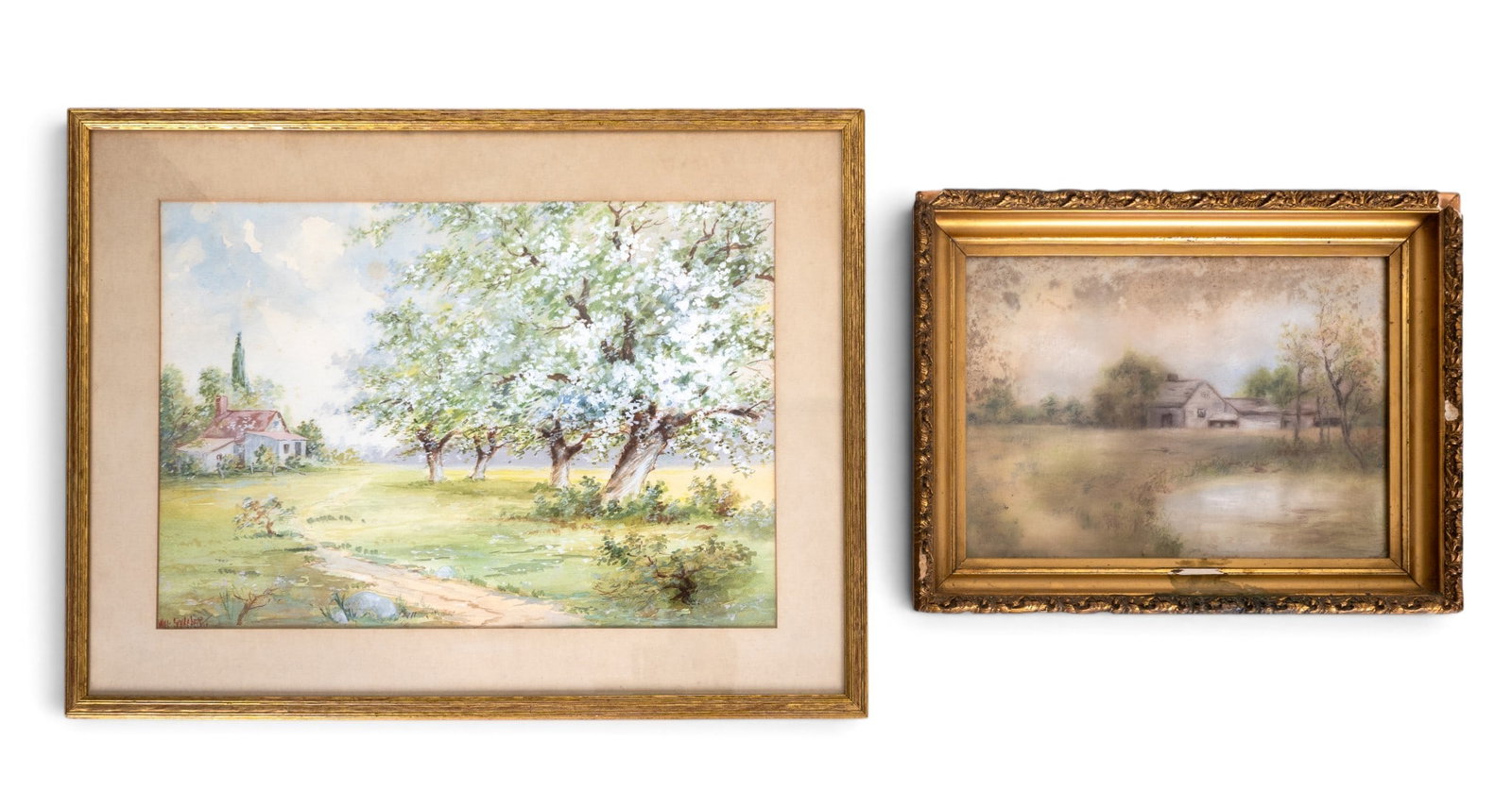 Watercolor and Pastel Cottage Art: A framed watercolor on paper depicting a landscape of trees and a field with a cottage in the distance, signed in the lower left corner Will Schaefer (American 20th C), measures approx. 18.5" H x
