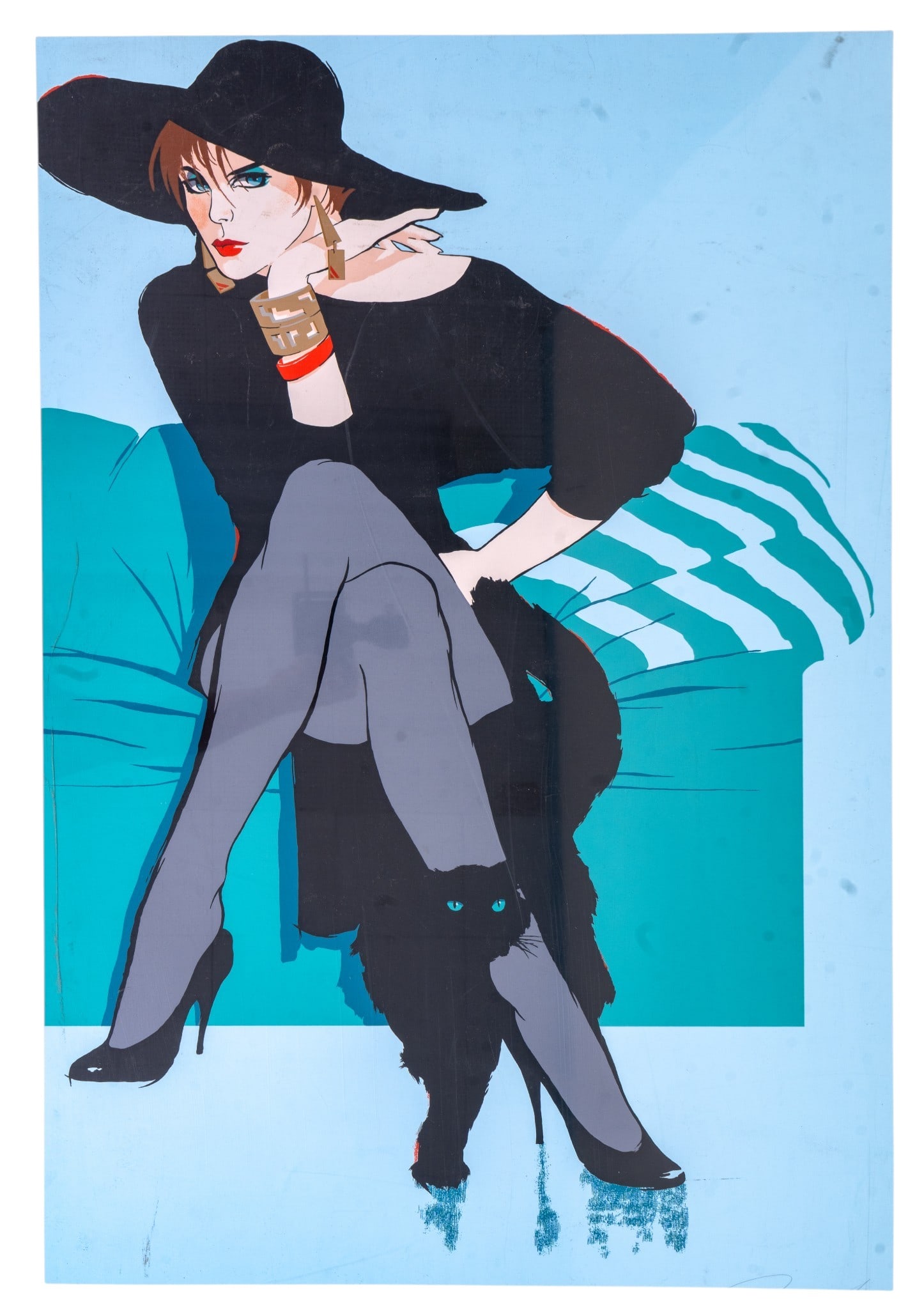 Signed Maher Marcos "Black Cat" Serigraph: Postmodern pop art signed and numbered limited edition fashion serigraph, titled "Black Cat" by Maher Marcos (b. 1947 in Cairo, Egypt), circa 1980s. Signed in lower right corner. Hand-numbered 83/200 