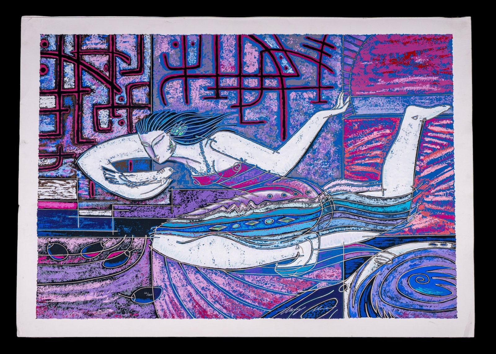 Signed Adrian Wong Shue Songbird Serigraph, Arches: Signed original, large format fine art serigraph in colors on Arches paper, titled "Songbird" by Jamaican-born artist Adrian Wong Shue (b. 1952). Limited edition, produced in 1990. Hand-signed in silv