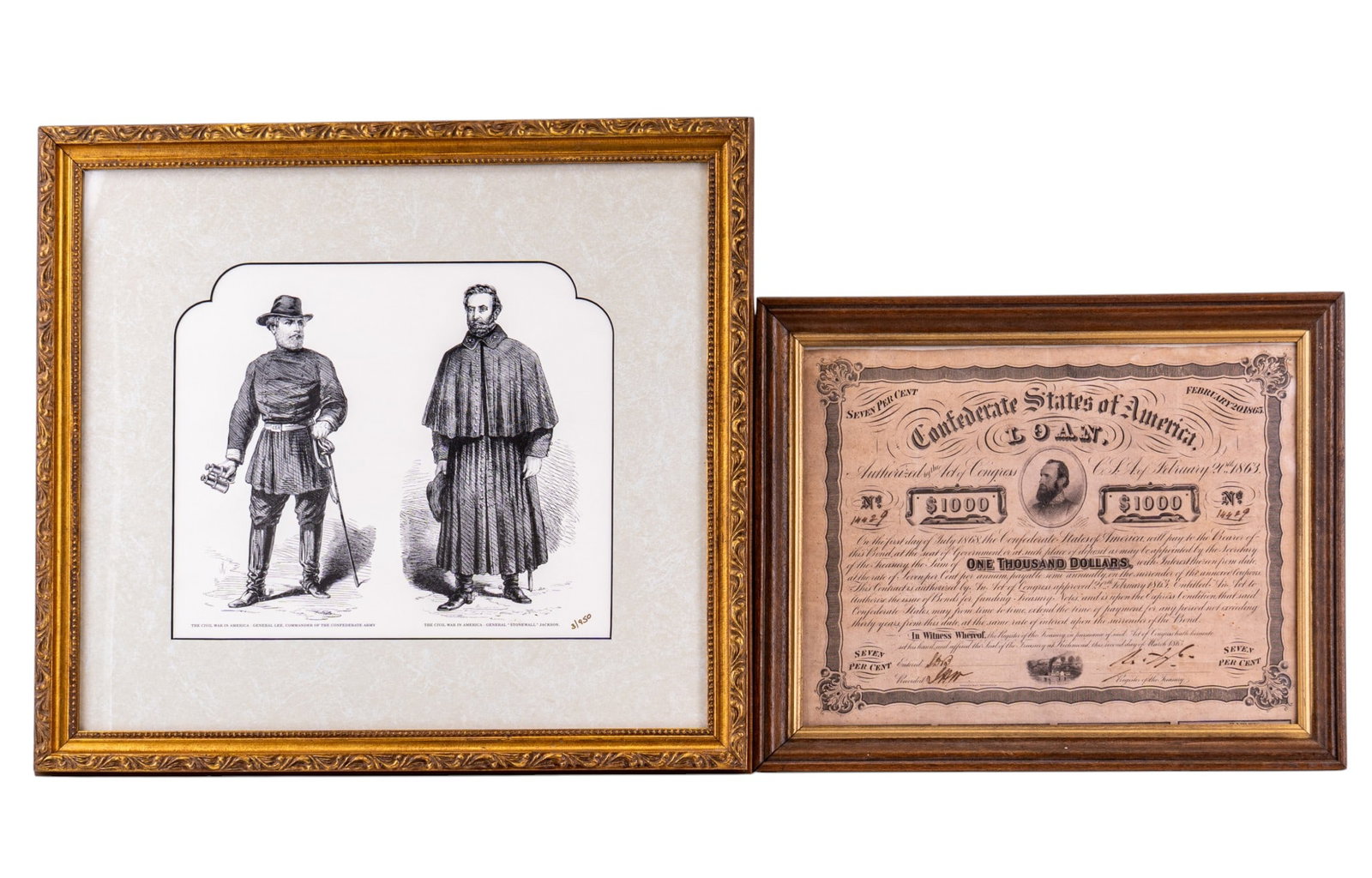Framed Civil War Loan & Editioned Print: A framed $1,000 loan certificate from the Confederate States of America dated 1863 No. 14429, measures approx. 13" H x 16" W. Also included is a Moments in History 'Portraits of the Civil War' lithogr