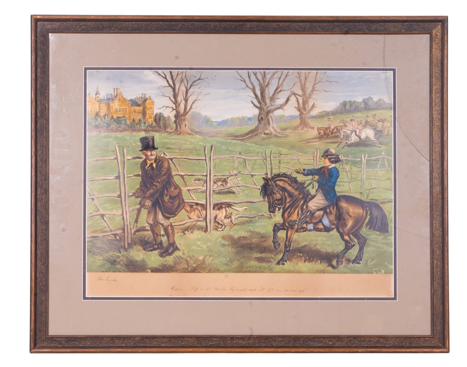 'Hold Hard' Lithograph by John Leech (ENG 1817-64): A framed color lithographic print titled 'Hold Hard!' ink signed in the lower left corner by John Leech (English 1817-1864). Note glass in the frame will need to be replaced. Measures approx. 28" H x 