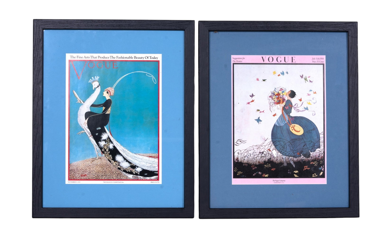 Framed Vogue Magazine Poster Prints: A set of two framed poster prints depicting early Vogue Magazine covers, frames measure approx. 22" H x 18" W.