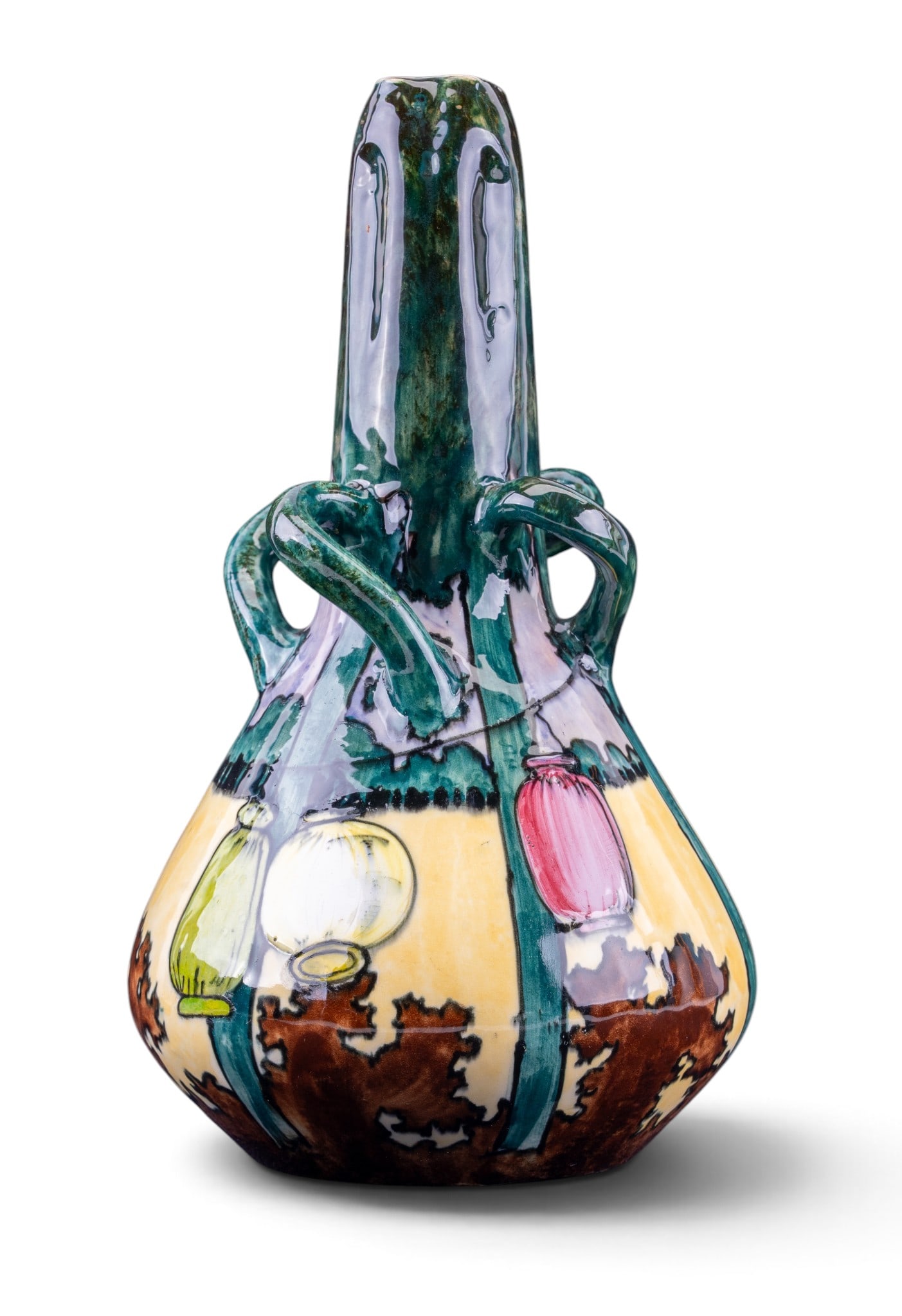 Early 20th C Amphora Pottery Vase: An early 20th C Czechoslovakian vase featuring a pictorial lantern scene in the glaze by Amphora Pottery works, measures approx. 12" H.