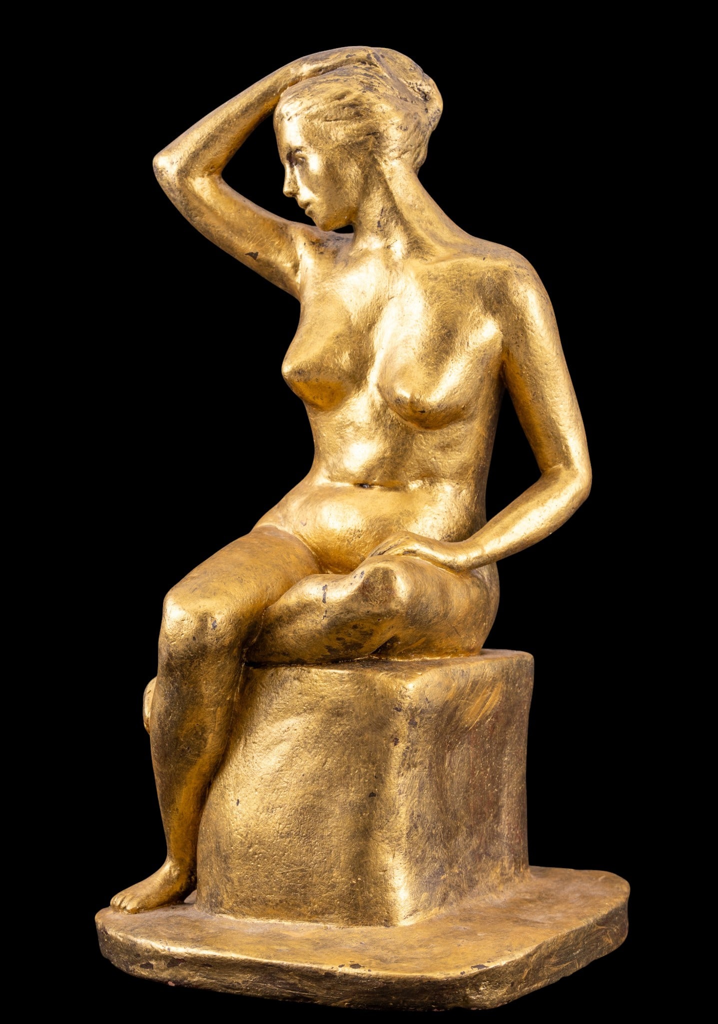 Vintage Gold Painted Nude Statuette: A vintage gold painted nude plaster statuette, note some small loss to paint. Measures approx. 15" H. Appears to read JGH 2005 on base.