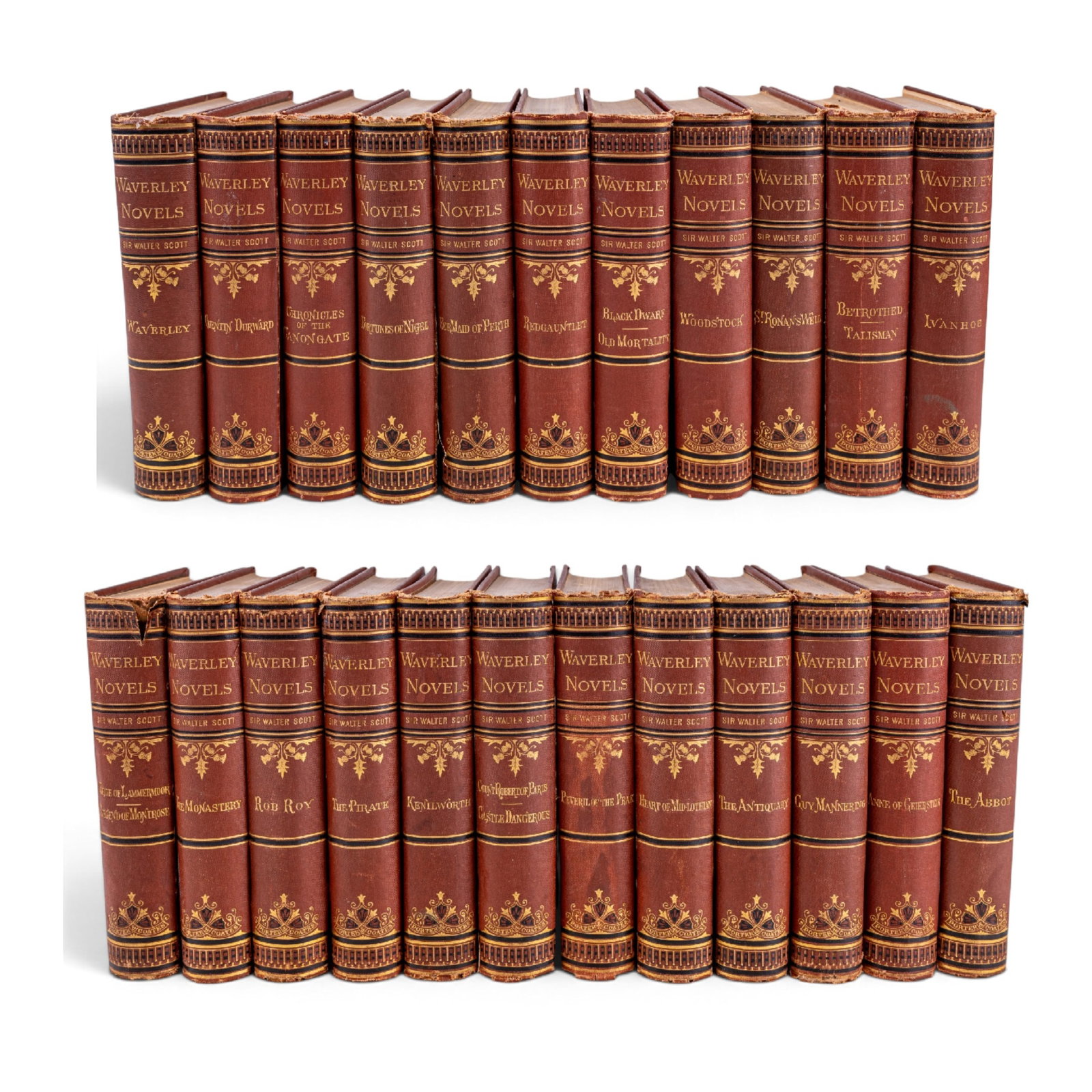 Sir Walter Scott Waverly Novels Fireside Editions: A collection of 23 of 24 of the Waverly Novels Fireside edition of the work of Sir Walter Scott, printed by Porter & Coates between 1880-1890, featuring novels such as Rob Roy, Ivanhoe, and more.