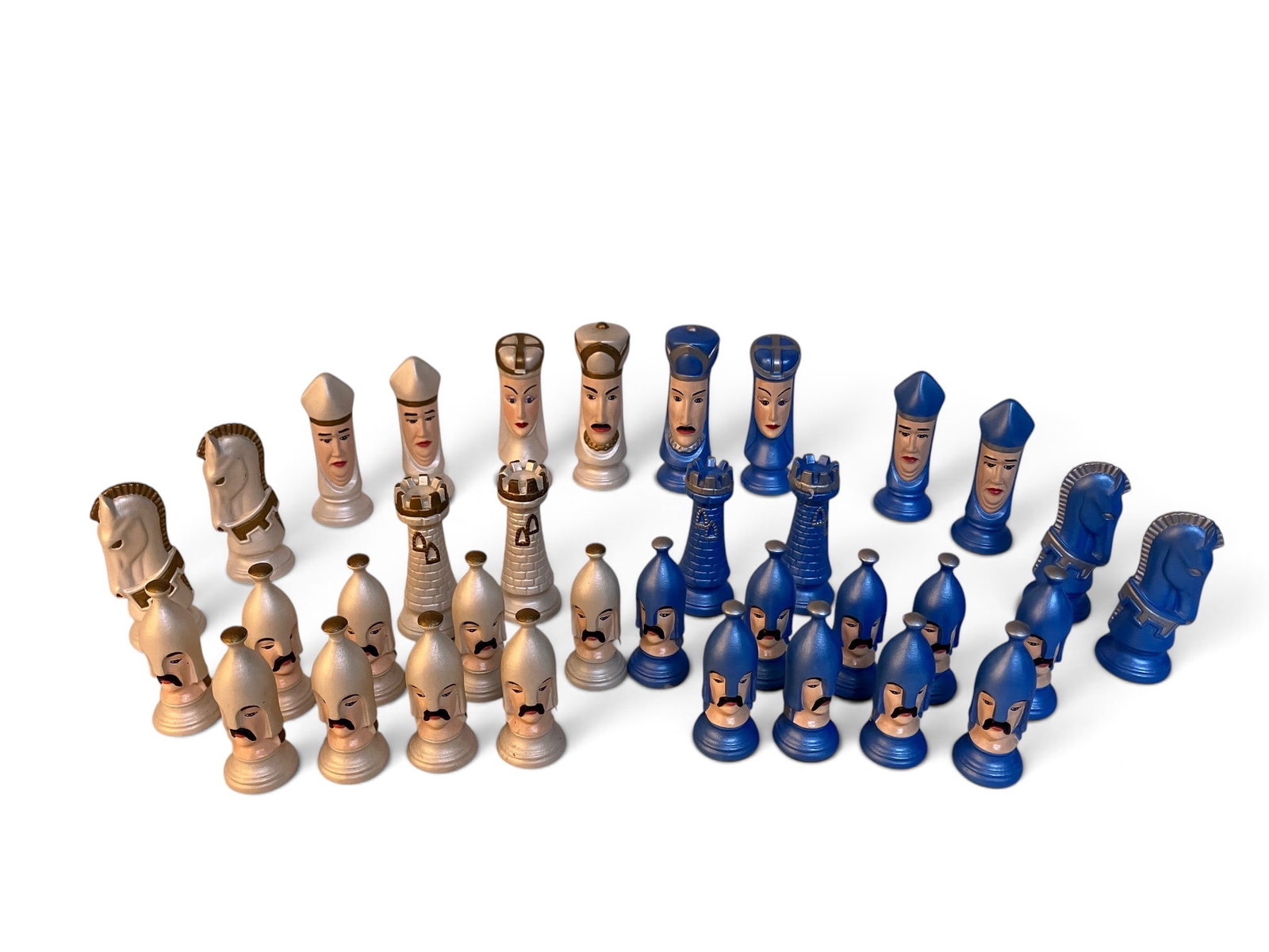 Painted Ceramic Chess Set Royal Blue vs White: Kings / Queens are almost 4" H and the pawns almost 3" H. Most have felt on bottom. Those without show a maker mark initials "MC".