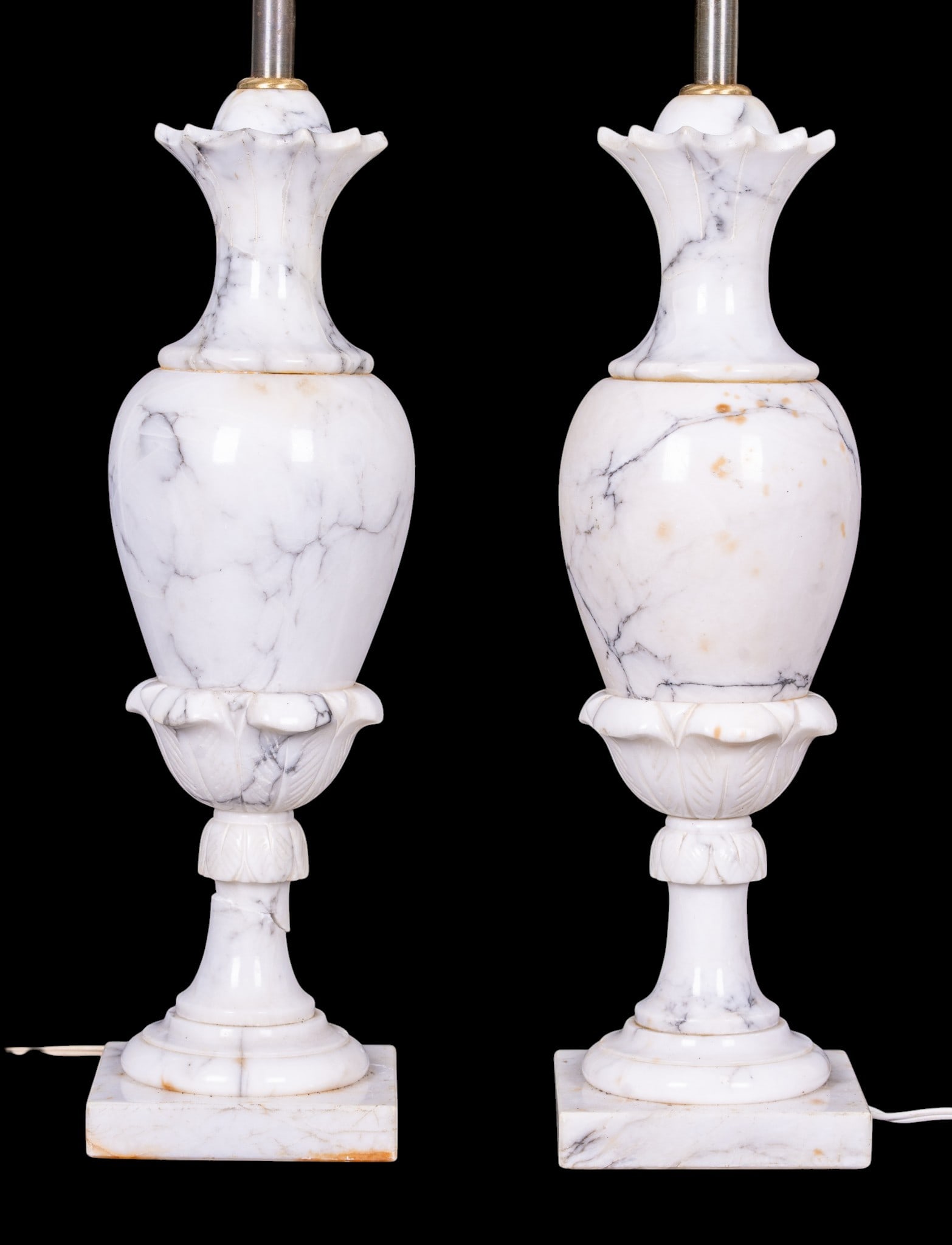 Vintage Marble Table Lamp Pair: A pair of vintage Neoclassical carved white marble table lamps with stepped bases, both measure approx. 23" H to the socket with 10" harps.