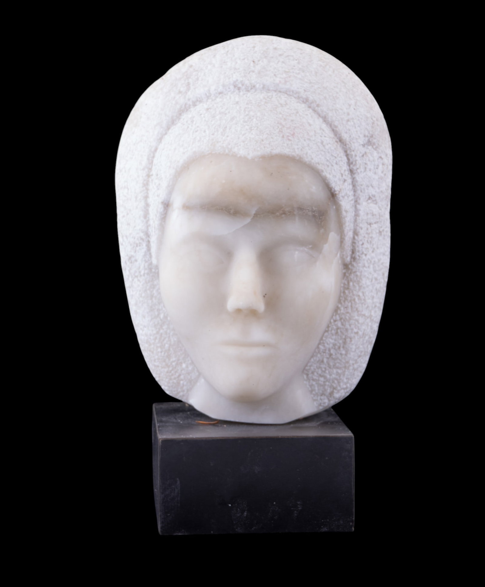 C. 1981 White Marble Bust: Carved white marble bust depicting a smooth face with textured coiffure, hat, hood or head covering, mounted on a black square base. Signed and appears to read S. Bell '81 (presumed 1981 vs 1881).