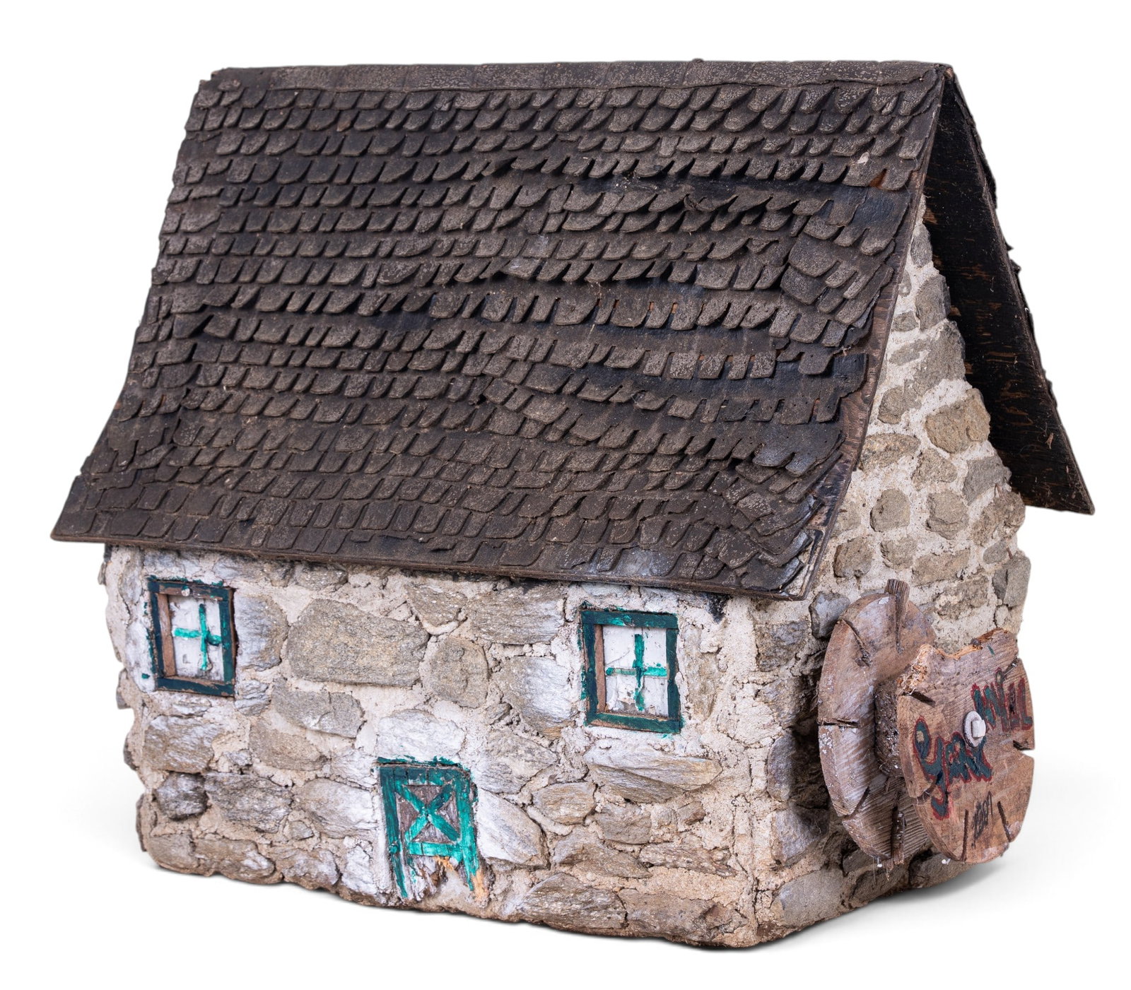Early Scale Model of York Mill: An early scale model of York Mill constructed with gathered stones and leather shingles, note heavy loss to interior wooden frame, measures approx. 23" W x 14" D x 20" H.