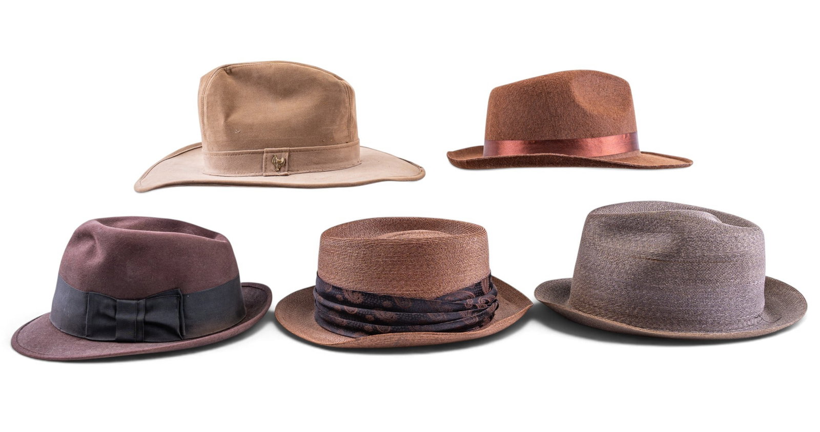 Vintage Men's Hats (5): A collection of five vintage men's brimmed hats including makers such as Mallory and Saks Fifth Avenue.
