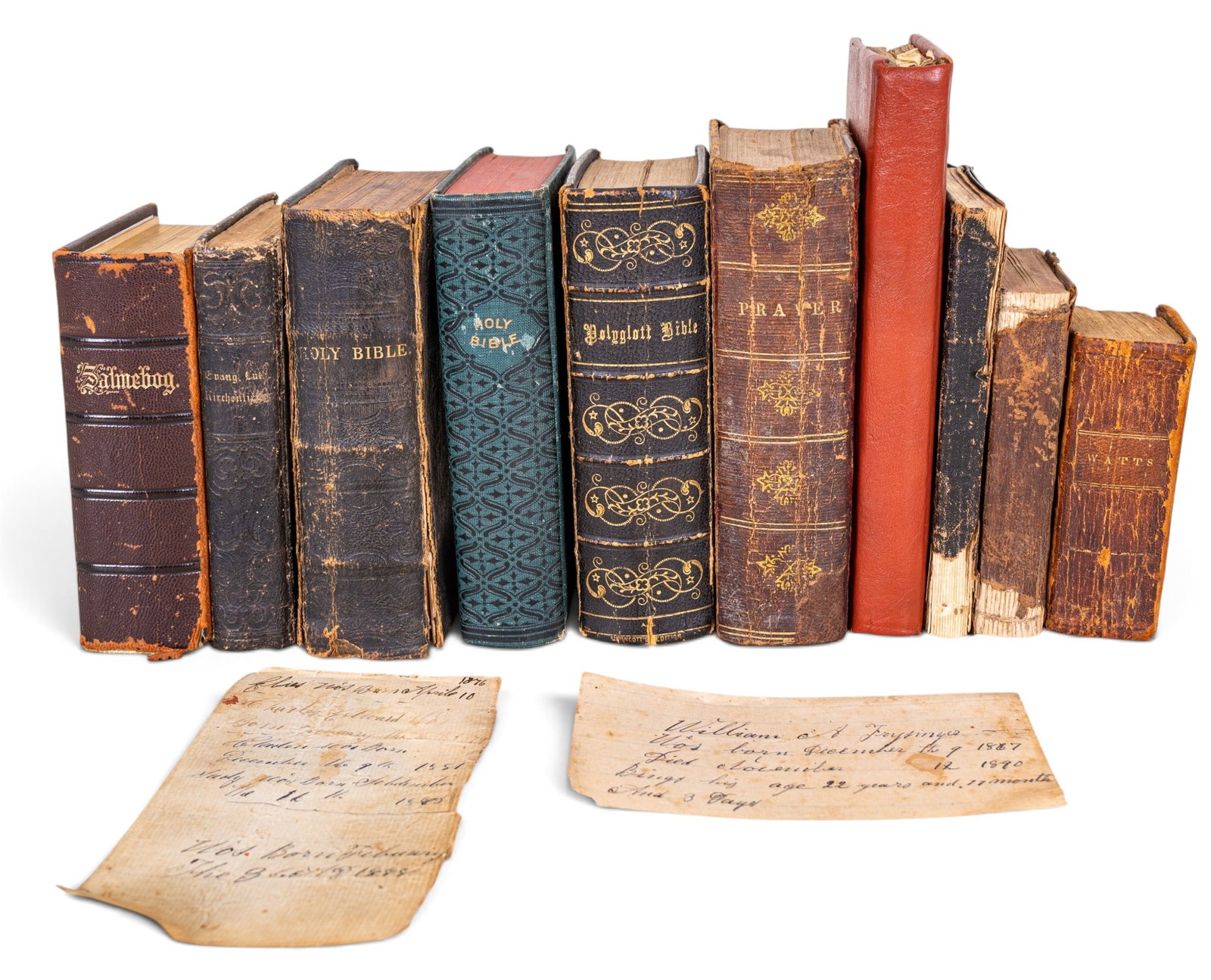 19th C Bibles and Hymnals: A collection of 19th C Bibles and Hymnals including a Danish Hymnal c. 1887, a German Hymnal c. 1863, a polyglot Bible c. 1856, a pocket Psalms of David c. 1826, and more.