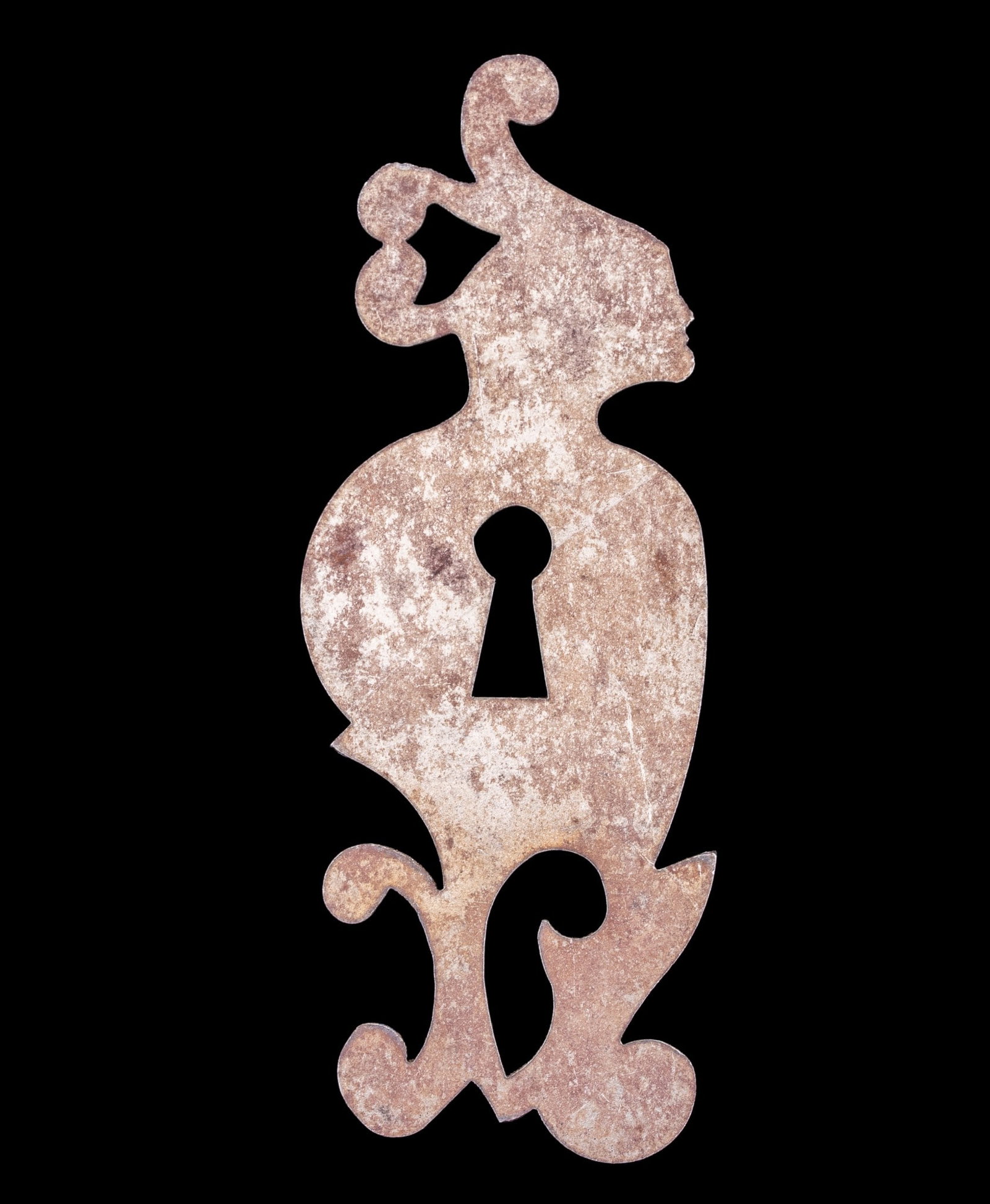 18/19th C Wrought Iron Escutcheon Plate: A fine hand made 18/19th C wrought iron escutcheon plate, measures approx. 3.5" H x 1.25" W.