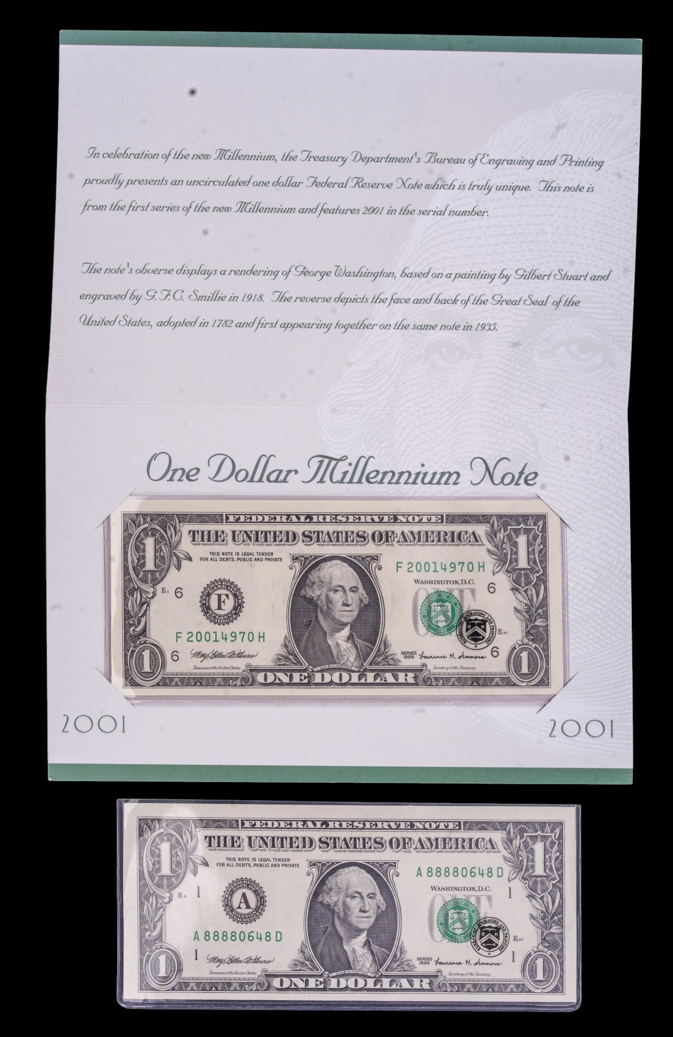 Millenium 2001 Federal Reserve Notes: Two collectible uncirculated Federal Reserve Notes of the One Dollar Millenium 2001 issue.