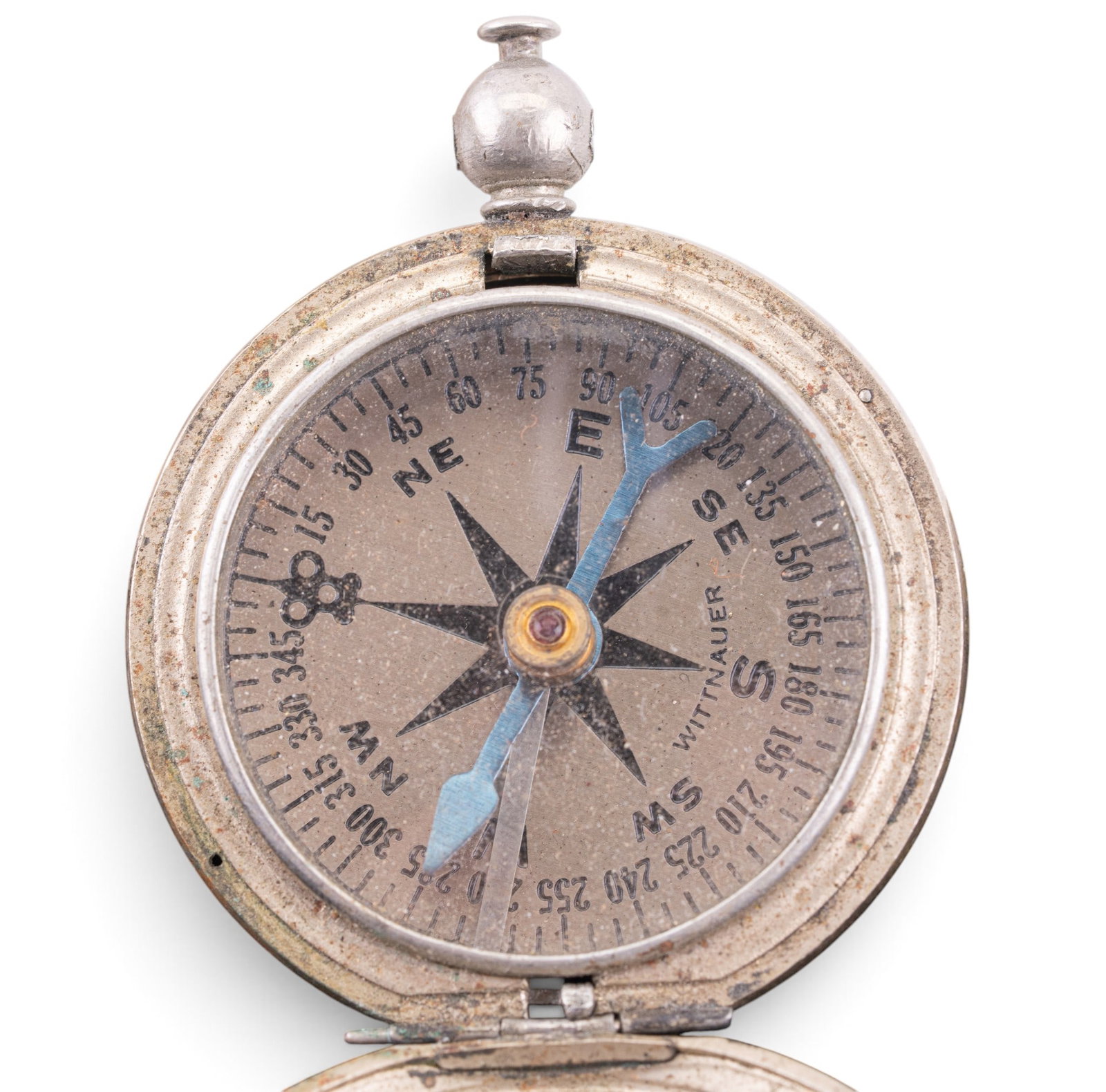 WWII Era Wittnauer U.S. Army Compass: A WWII era United States Army issued pocket compass manufactured by Wittnauer. Front of case features 'U.S.' etched into the case and a hand etched personalization above it. Diam. measures approx.