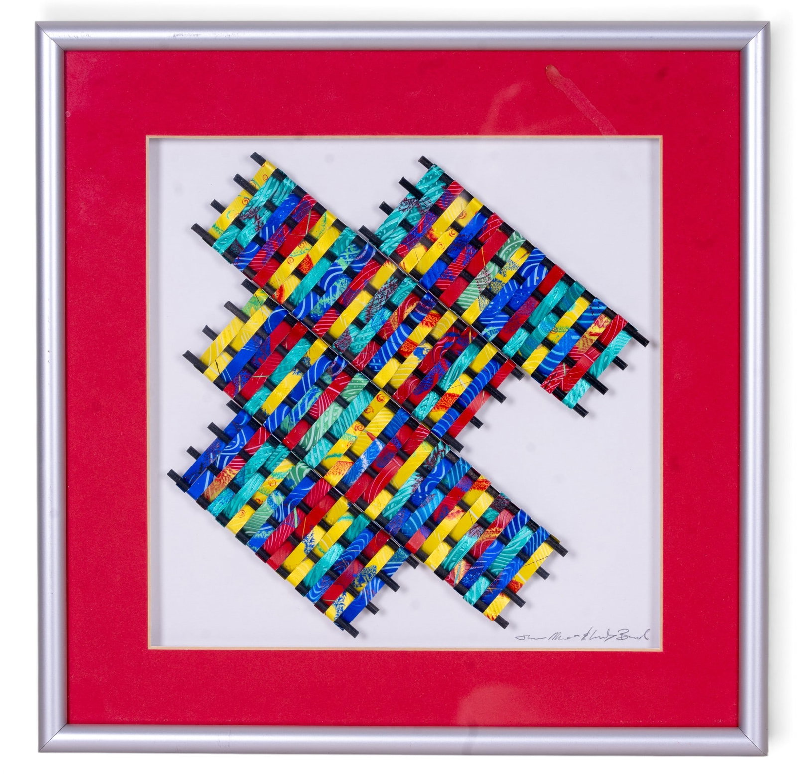 Woven Aluminum Art by James Mosier (AM 20th C): A small framed piece of 3D woven aluminum art by James Mosier (American 20th C), framed with recessed board and raised matting, pencil signed on the backing mat in the lower right corner. Frame