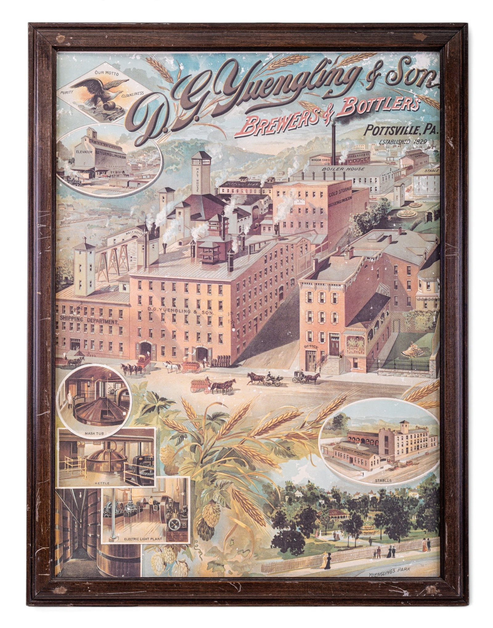Framed Yuengling Bar Poster: A framed Yuengling brewery poster dry mounted to foam core, measures approx. 29" H x 22" W. Provenance states this poster once hung in the Paddock Restaurant in York. PA.