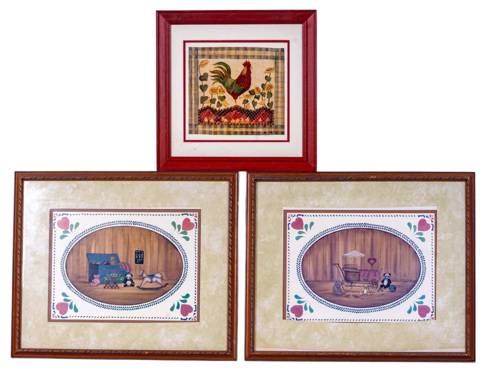 Beth Cummings and Other Framed Folk Art Prints: A pair of Folk Art prints depicting vintage toys and plush animals after Beth Cummings (American 20th C), note matting will require repair, frames measure approx. 19.5" H x 23.5" W, and a Folk Art