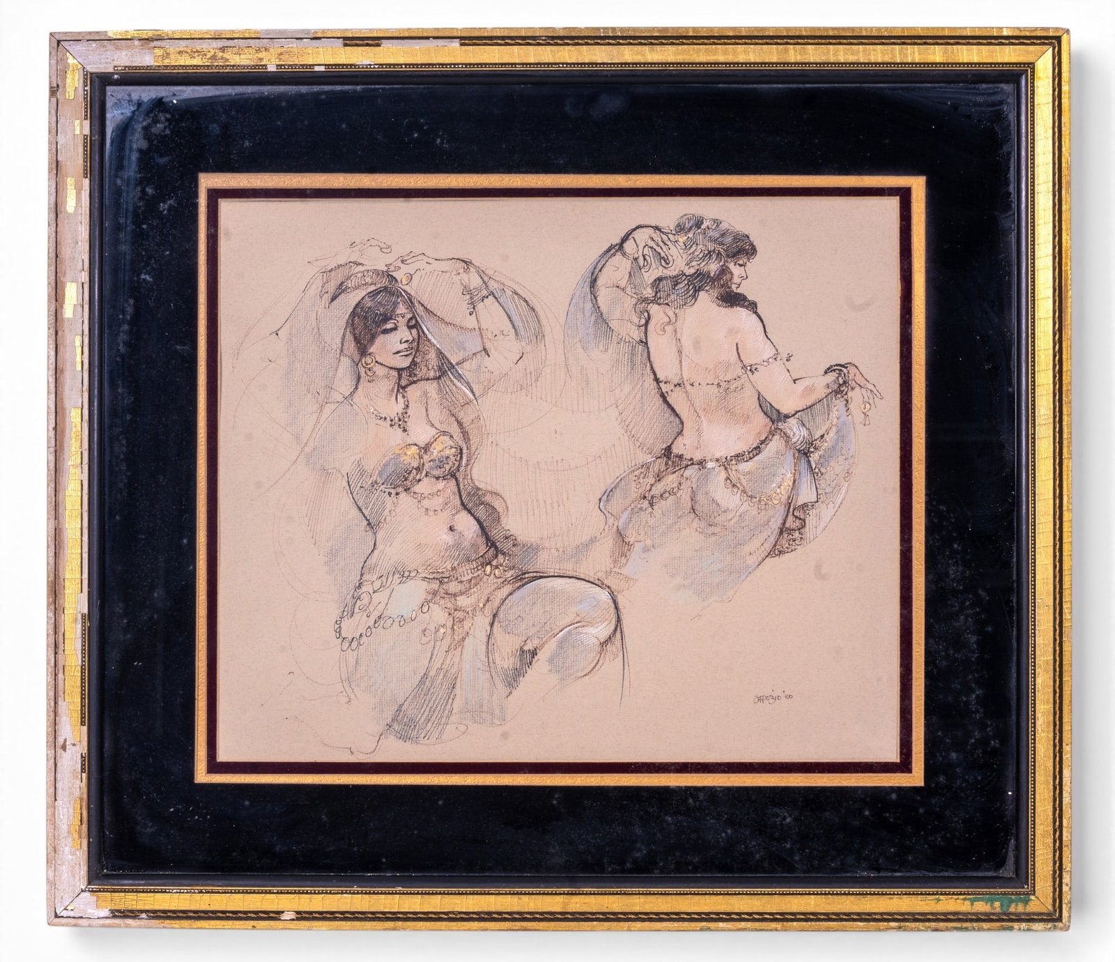 Signed Belly Dancer Mixed Media Drawing: A figure study style ink drawing with watercolor accents depicting two belly dancers, signed in the lower right corner 'Capozio' dated '80, note heavy loss to frame, measures approx. 22.54" H x 25.5"