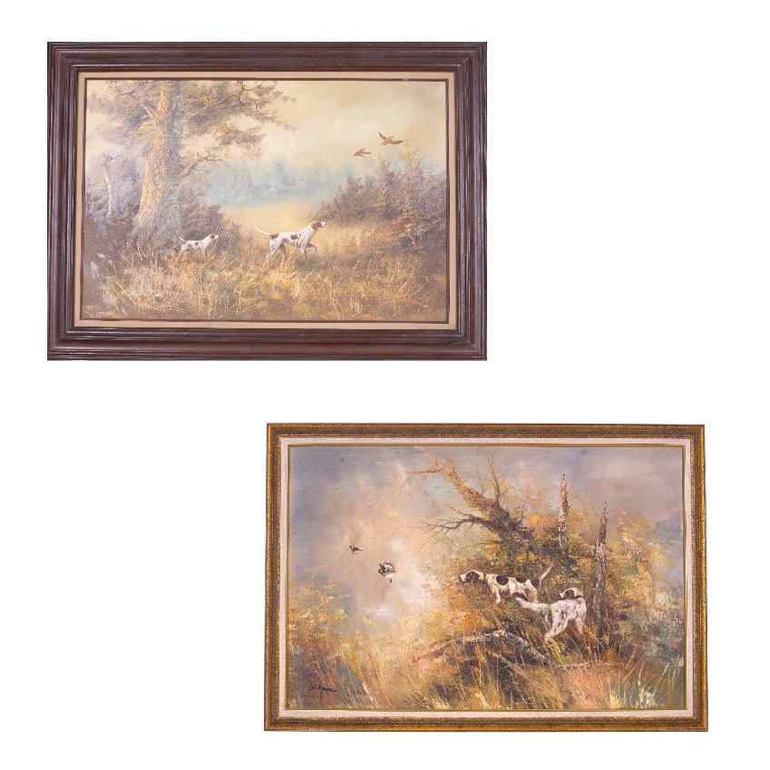 Bird Dog Hunting Scenes Oil on Canvas (2): An impressionist oil on canvas painting depicting two bird hunting dogs, signed 'W. Hansen' in the lower left corner, measures approx. 28" H x 40" W. Also included is a realism oil on canvas