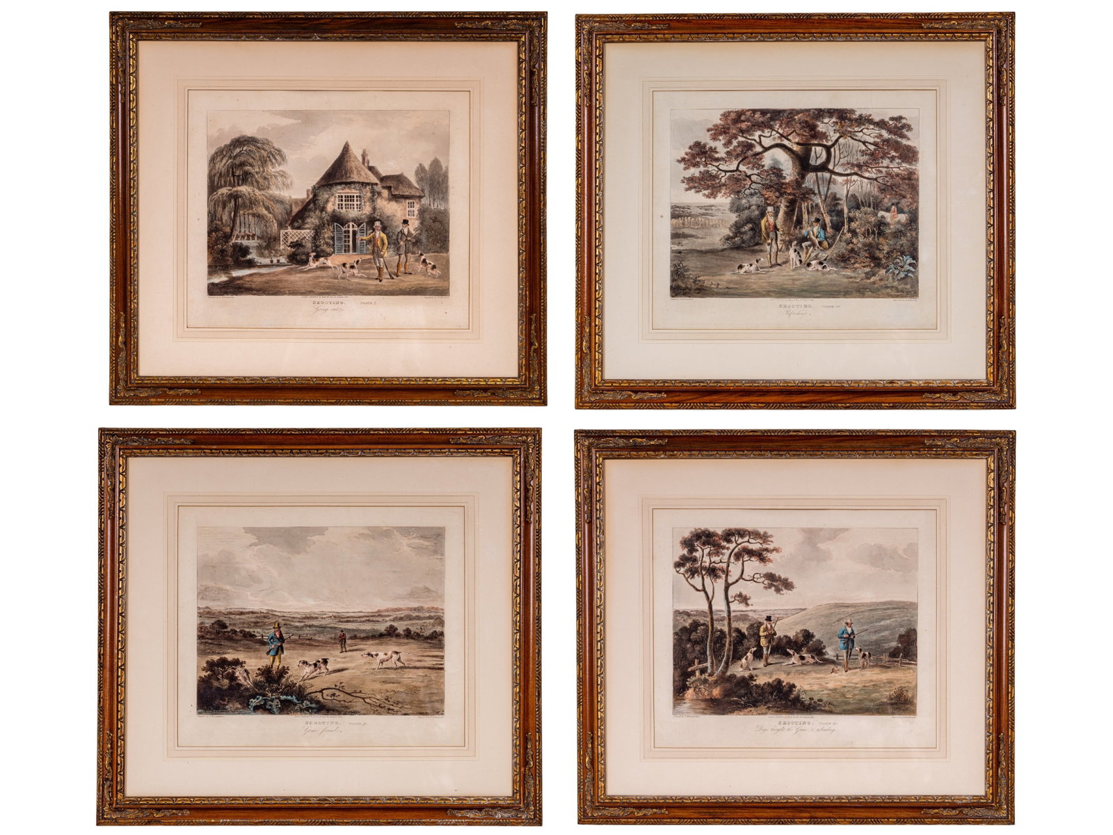 19th C Hunting Themed Color Lithographs (4): A collection of four framed color lithographs engraved by Thomas Sutherland (English 1785-1838) done from the original paintings by Dean Wolstenholme the Elder(English 1757-1837) from the 'Shooting' s
