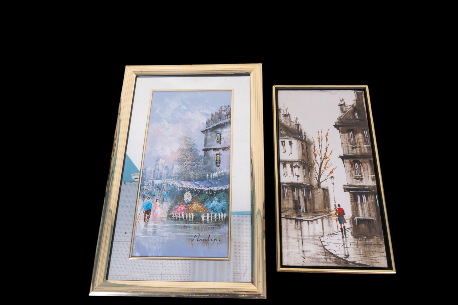 Impressionist Oil on Canvas Cityscapes (2): An impressionist oil on canvas painting depicting Parisian street market scene, framed in a post-modern style mirror edge frame, signed 'Moulin' in the lower right corner, measures approx. 32.5" H x 2