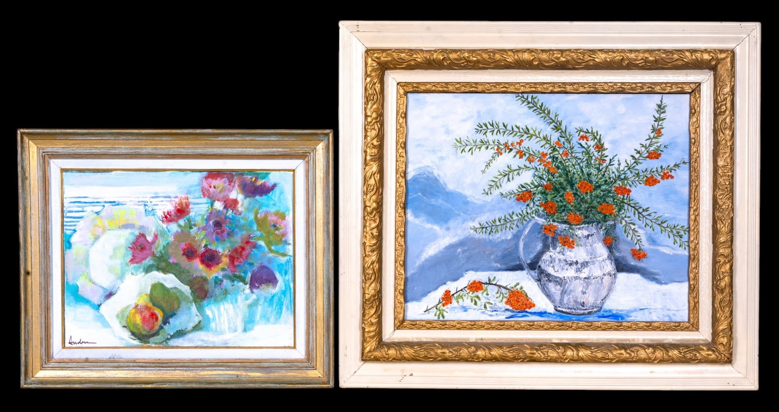 Vintage Floral Still Life Paintings (2): A framed vintage impressionist oil on board painting depicting a still life of tiny orange flowers in a vase, signed in the lower right corner 'P.S. Brown', measures approx. 28" H x 32" W. Also includ