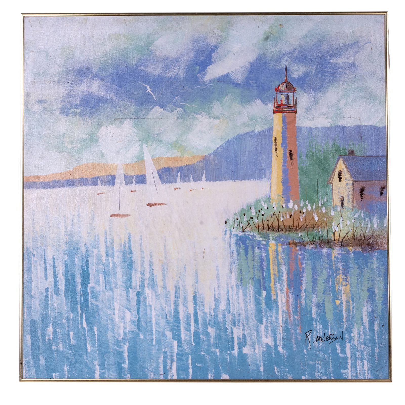 Vintage Pastel Toned Oil on Canvas of Lighthouse (1 of 5)