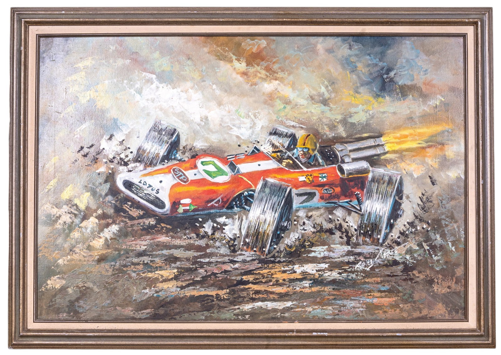 Oil on Canvas by Roy Pierce (Am 20th C): An framed impressionist oil on canvas painting depicting a Lotus F1 car racing signed in the lower right section by Roy Pierce (American 20th C). Frame measures approx. 28.5" H x 40.5" W.