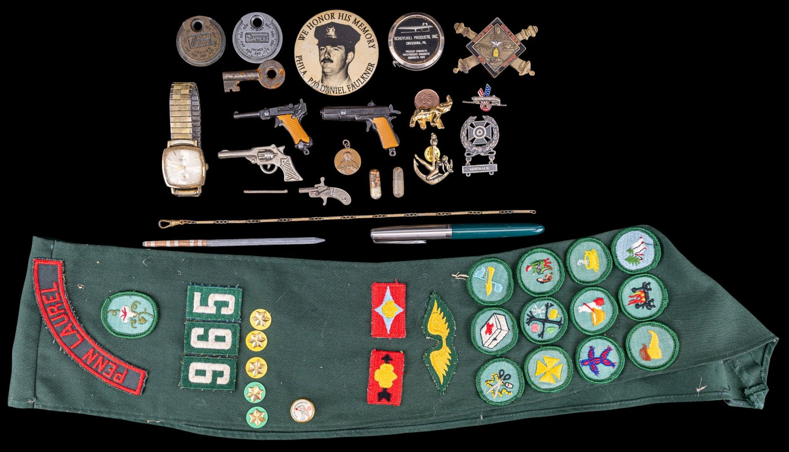 Gruen Wrist Watch, Ronson Lighter, and More: A collection of vintage accessories including the Ronson World's Greatest Lighter with original case, a Gruen men's wrist watch, insignia, medallions, Bakelite handle child's fork, a Girl Scout Cadet