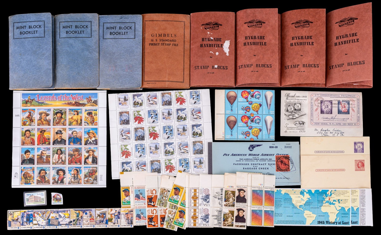 U.S. Postage Block Sheets: A large collection of U.S. Postage block sheets, Hygrade Handifile, Gimbels, and Mint Block booklets, all of which are 90-100% full.