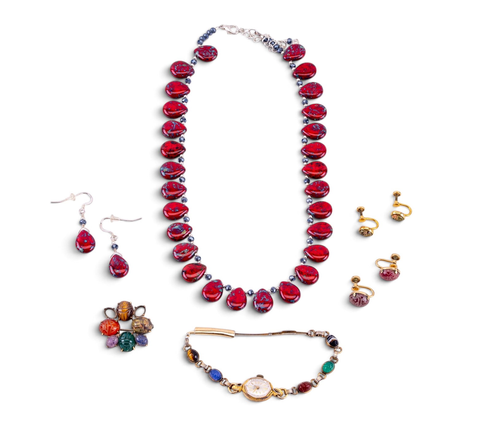 Vintage Scarab & Czech Glass Jewelry: Vintage gold-filled carved Egyptian scarab and rolled gold plate watch group with Czech glass Picasso beaded necklace and earrings set.
