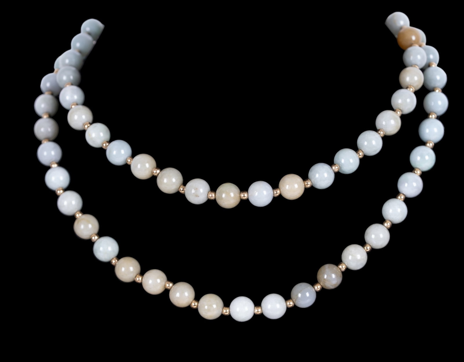 14K Gold & Natural Jade Chinese Bead Necklace: Chinese natural jade bead necklace with 14k yellow gold spacer beads. Note one bead will require restoration. Measures approx. 15" Drop length.