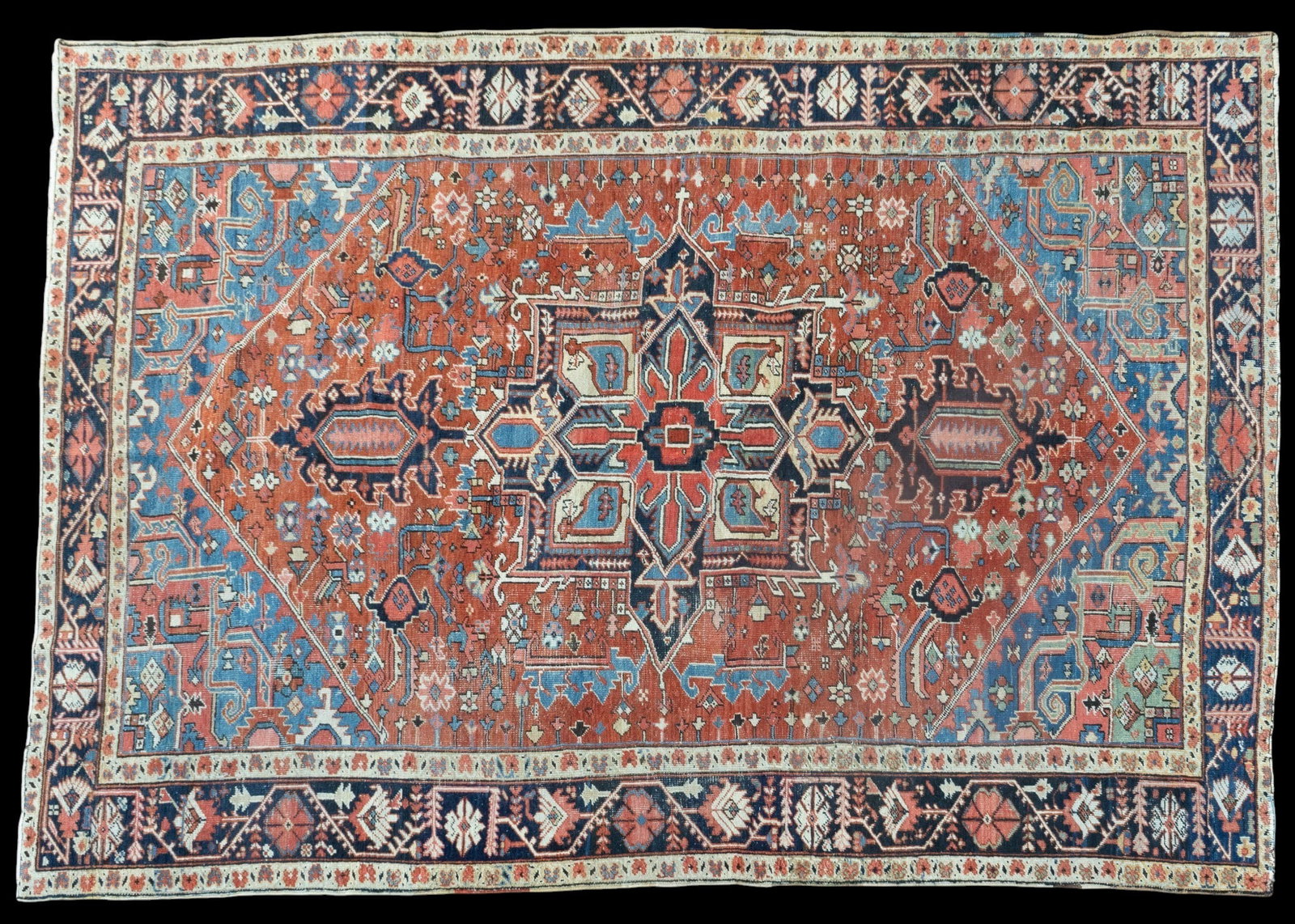 Heriz Area Rug: White, coral, blue tones 8'7" x 12'